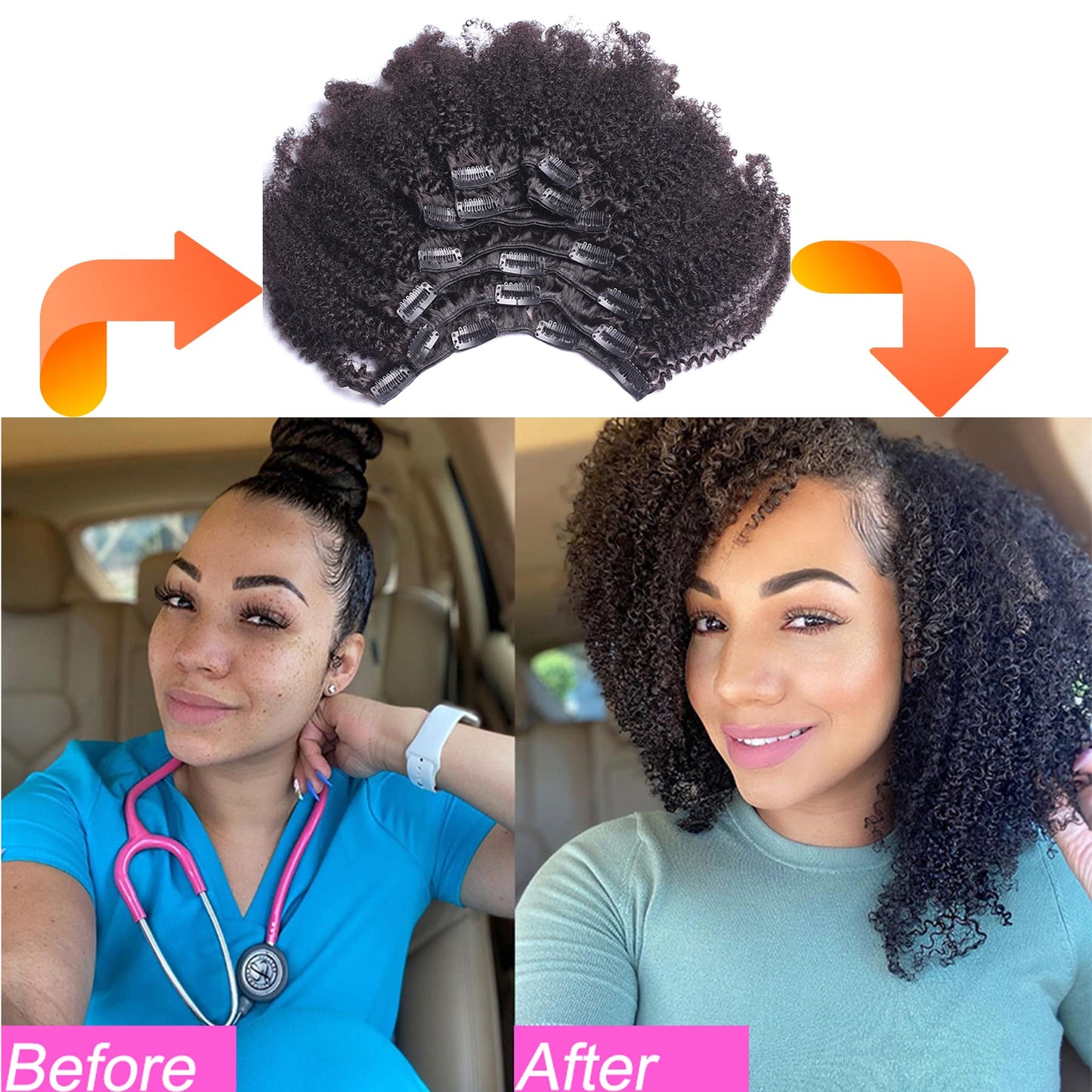 oylove Kabadu Brazilian Afro Kinky Curly Clip In Human Hair For Black Women Hair Extension 8pcs 120g/set 4B 4C Virgin Human Hair Clip Ins for African American Natural Black Color 12 Inch