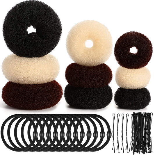 9 Pieces Donut Bun Maker Maker Hair Bun Maker Set Bun Maker Style Ring with 12 Pieces Elastic Hair Bands and 32 Pieces Hair Pins (Black, Brown, Beige)