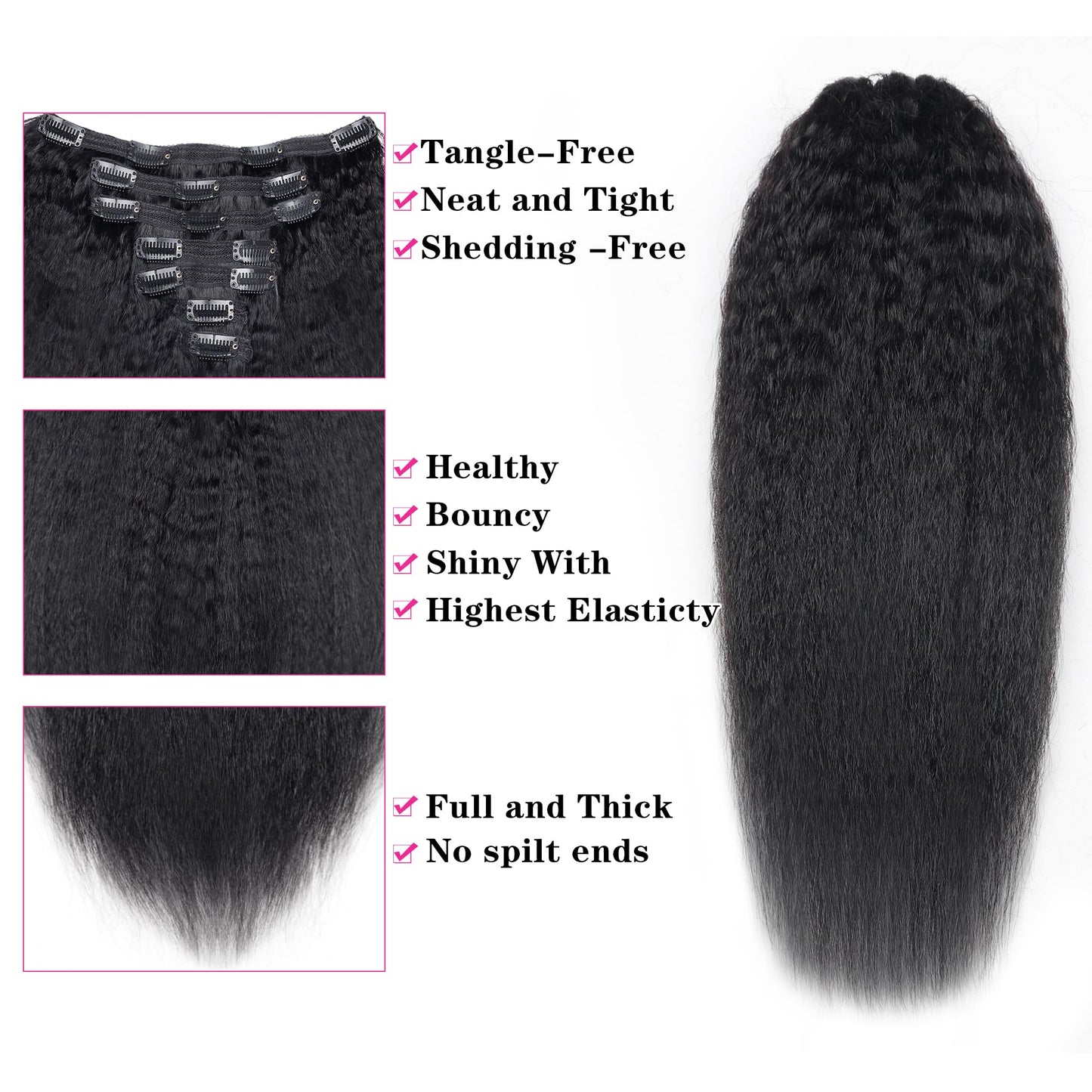 Lysilf Kinky Straight Clip in Hair Extensions Full Head Brazilian Virgin Human Hair Kinky Straight Clip ins for Black Women,7Pcs whit 16 Clips Double Lace Weft,90Gram Natural Black(14Inch, 1B)