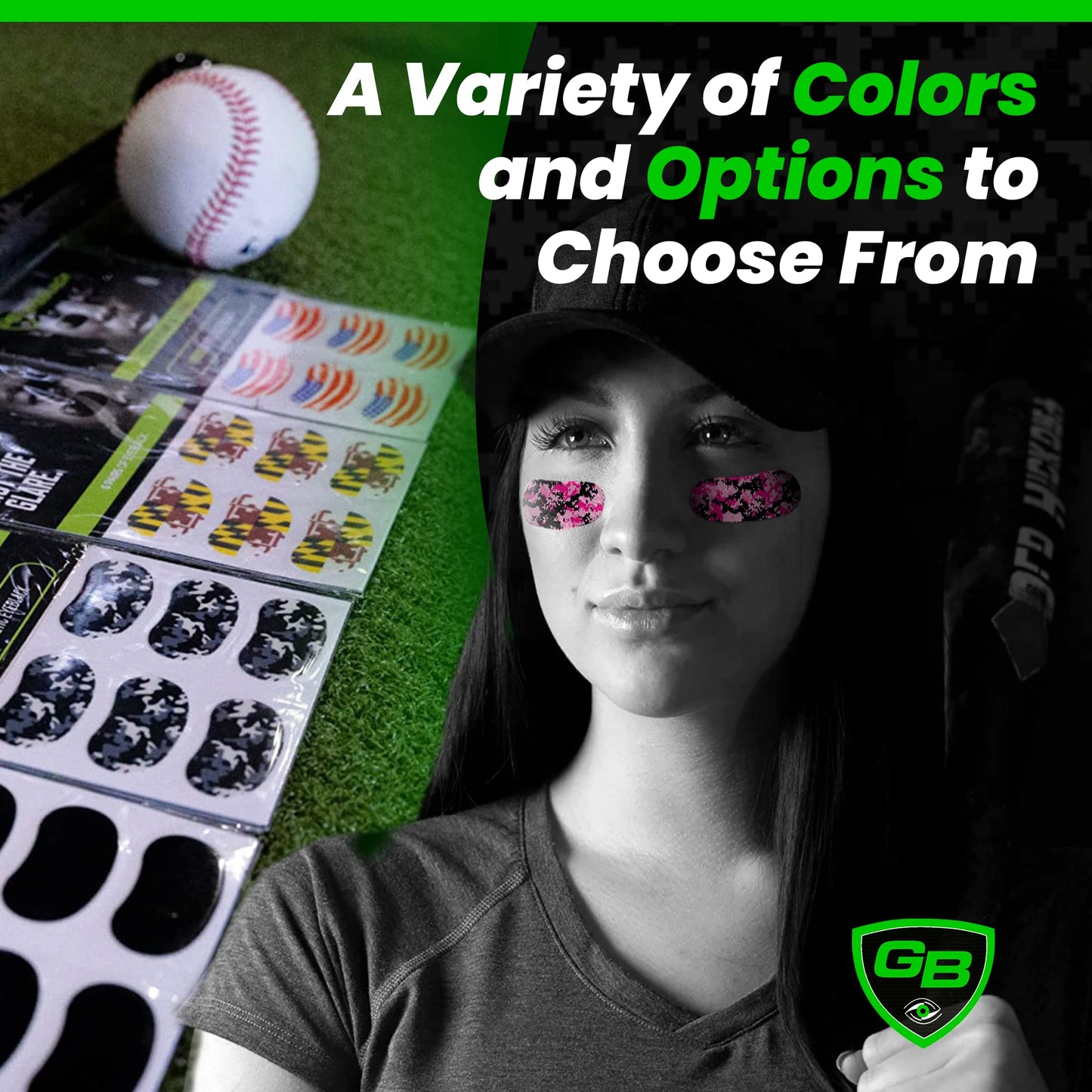 GB Eyeblack - 12 Pairs Peel & Stick Athletic Eyeblack, Eye Black Football, Glare Blockers Colored Eye Black Stickers, Eye Black Baseball, No Mess, Won't Fall Off, Worn by The Pros (Pink Camo)