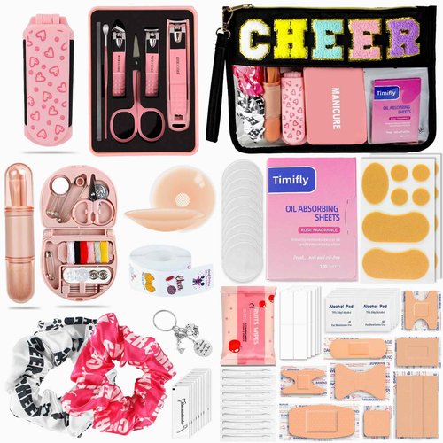 Bumaeu Cheerleading Essentials Kit Over 70 Pieces with Emergency Supplies and Waterproof Makeup Bag