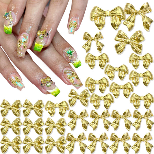 YAEISM 30PCS Bow Nail Charms 3D Gold Nail Charms 3 Styles of Alloy Ribbon Bowknot Nail Bow Charms for Nail Art and DIY Crafts Decoration