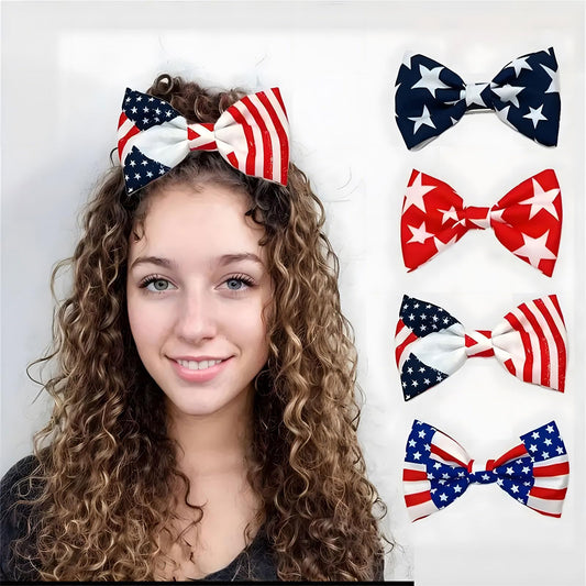 4th Of July Hair Clips Bow for Girls, 3.94'' x 2.17'' Patriotic Fable Bow Handmade American Flag Hair Clips Independence Day Hair Accessories for Little Girls Toddlers Kids