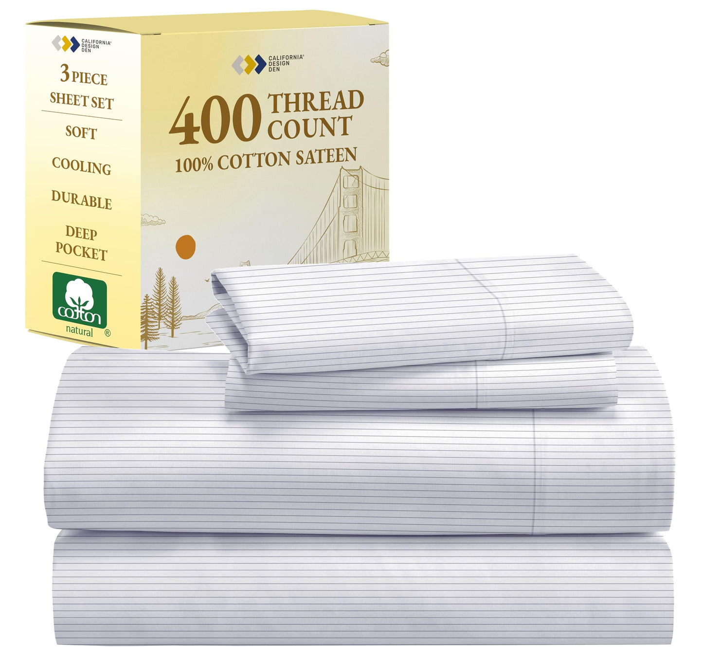 California Design Den Pinstripe Twin Sheets Softest 100% Cotton Sheets Set, Luxury 400 Thread Count Sateen, 3 Piece Deep Pocket Printed Striped Pattern (Pinstriped)