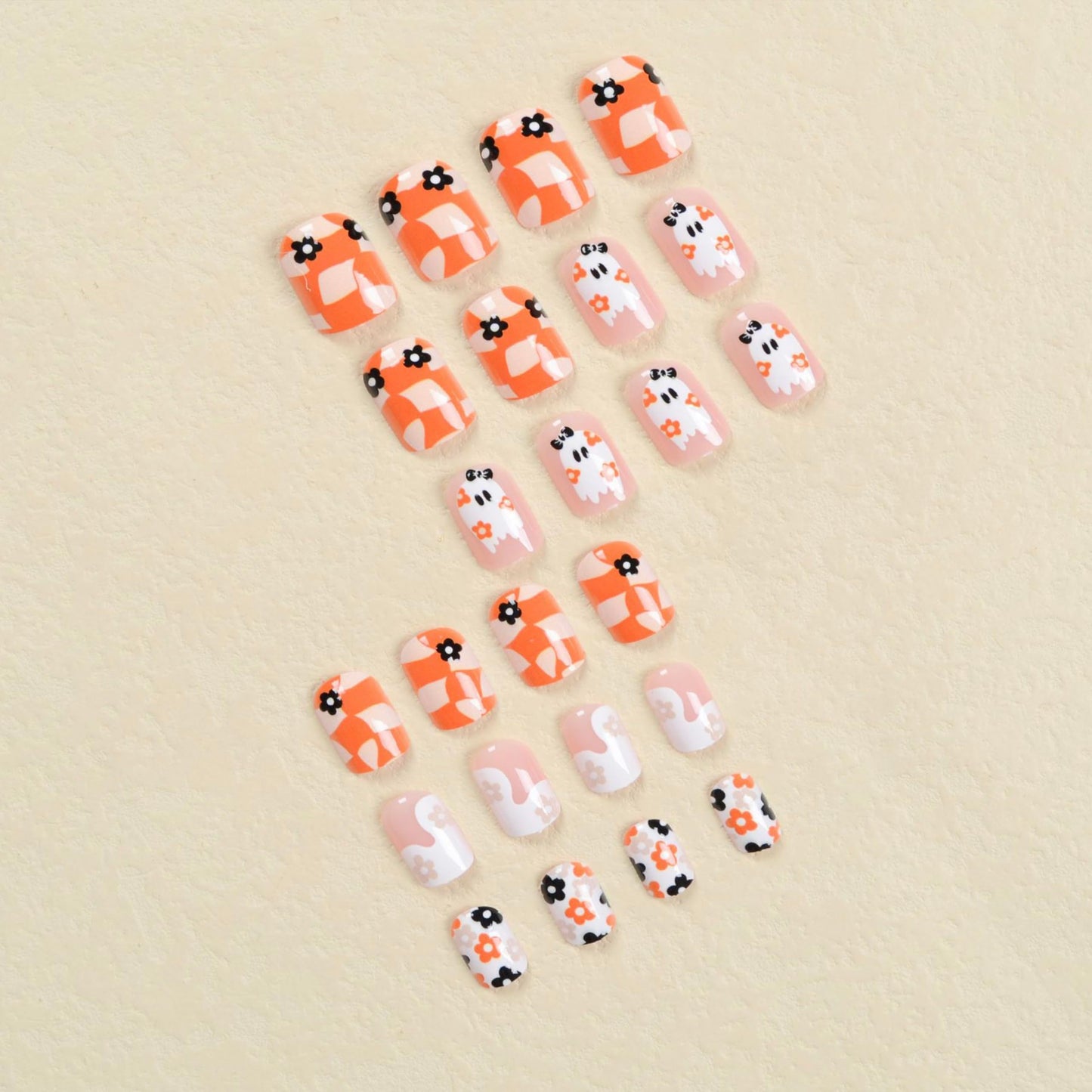 LRKNNO 24Pcs Halloween Square Press on Nails Short Acrylic Nails with Cute Ghost Flower Design Yellow and White Full Cover False Nails