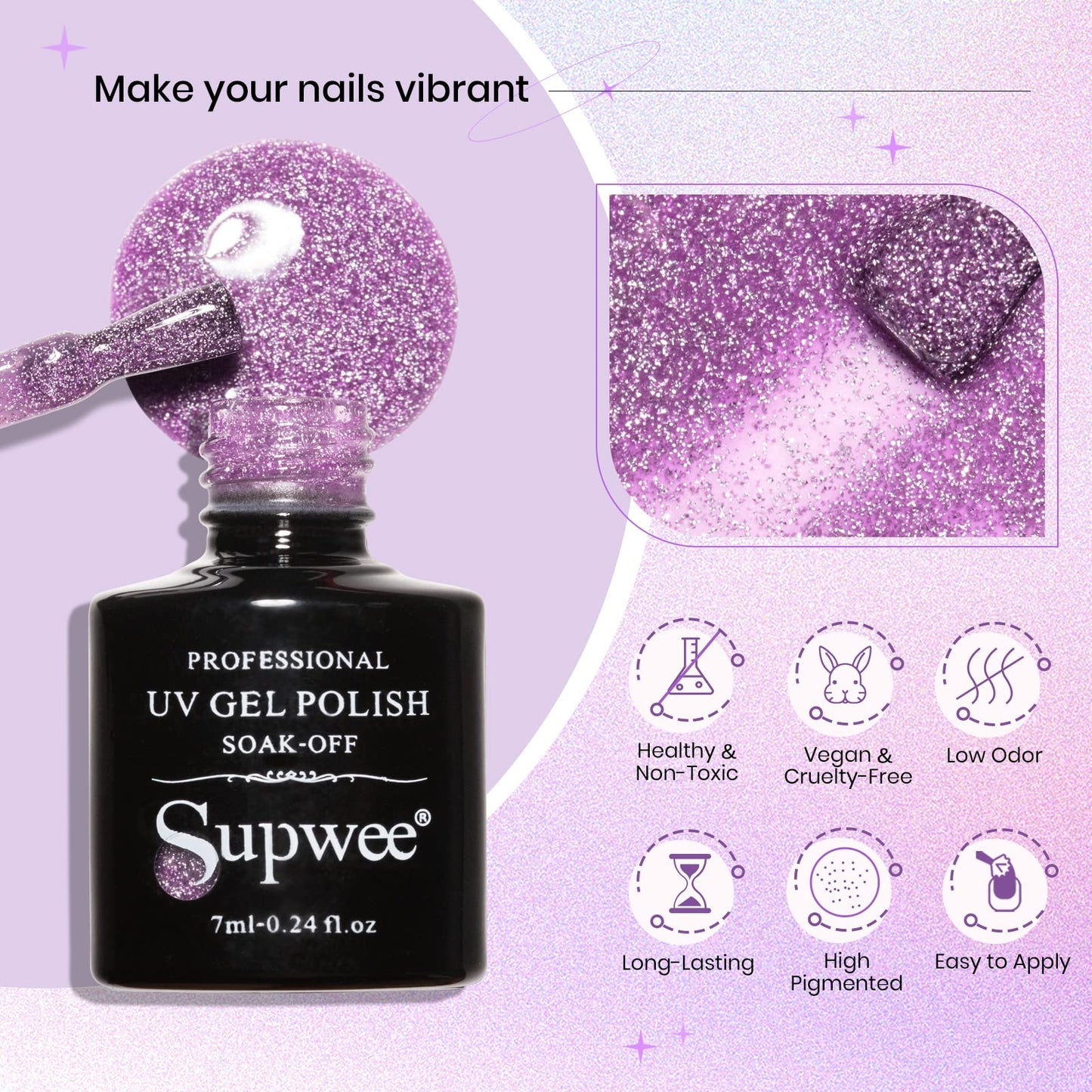 SUPWEE Reflective Glitter Gel Polish - 12 Colors Sheer Jelly Glitter Gel Nail Polish Sparkle Shinny Disco Nail Polish Gel Soak Off UV LED Varnish DIY at Home