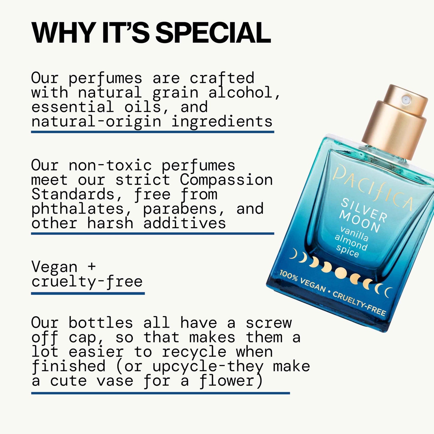 Pacifica Silver Moon Perfume 1oz – Long-Lasting Warm Vanilla & Almond Clean Fragrance for Women Vegan, Cruelty-Free, Essential Oils, Non Toxic