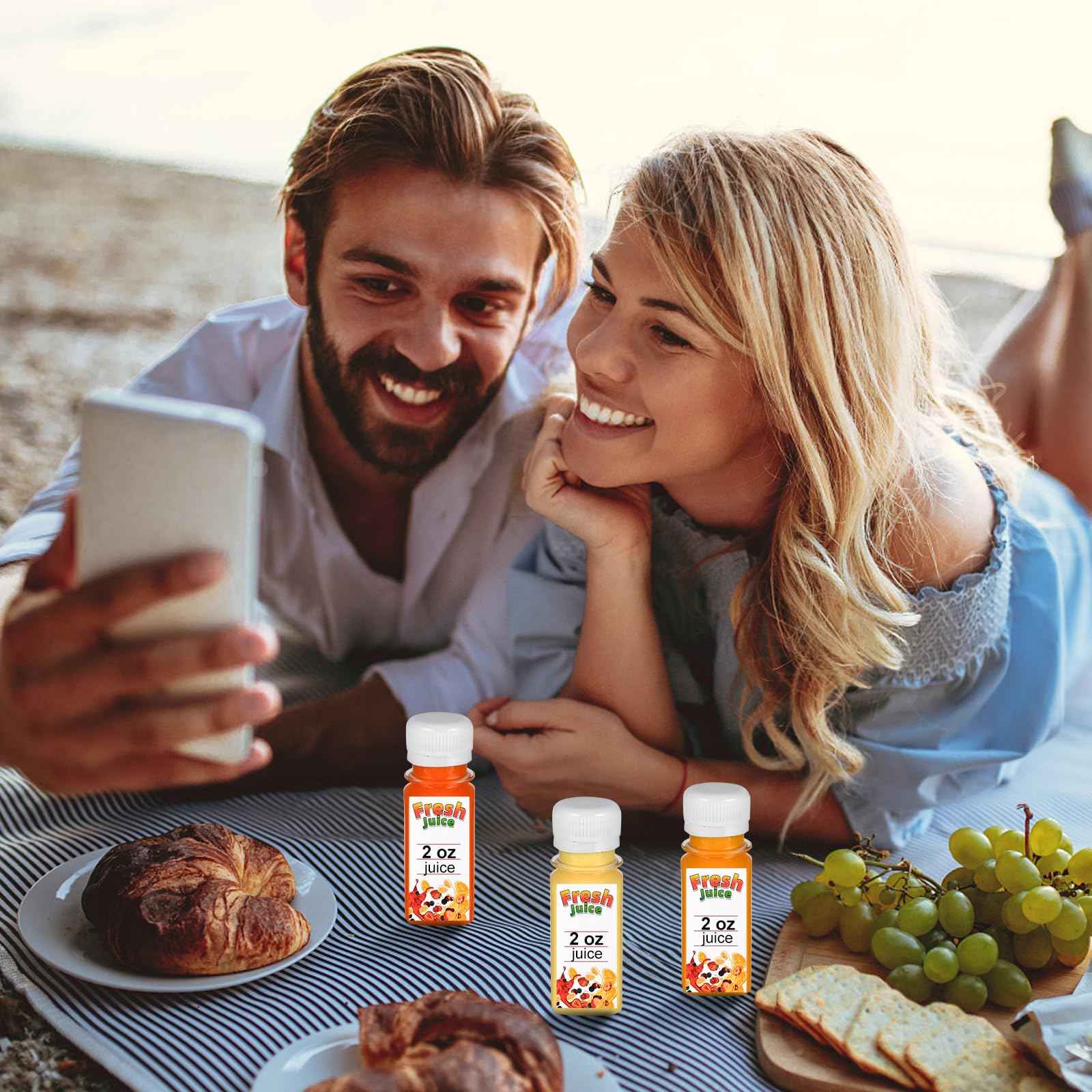 IWOLOMI 100 Pack 2 oz Small Plastic Shot Bottles with Caps Ginger Shots Bottles for Liquids, Reusable Clear Juice Containers with Scale, Funnels, Stickers for Ginger, Liquids, Beverages