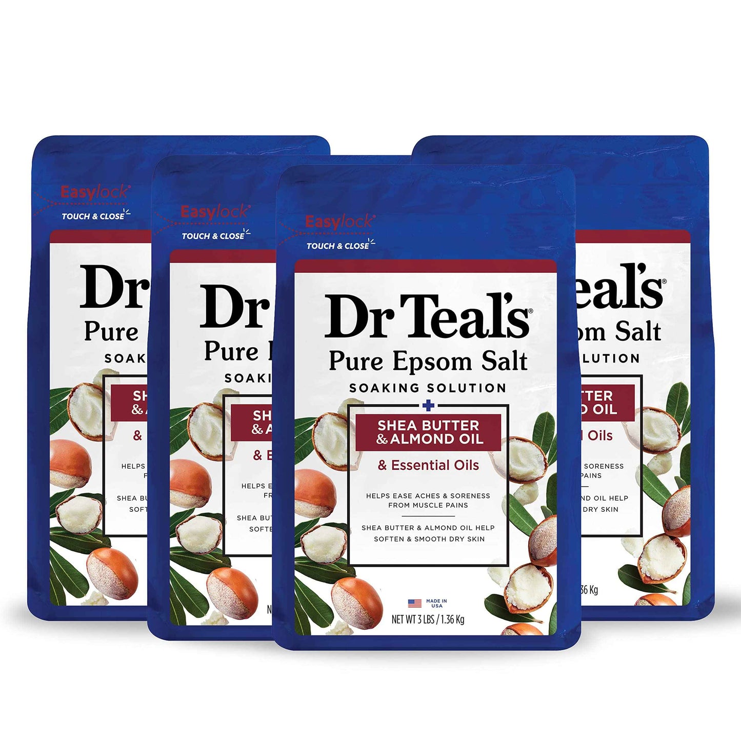 Dr Teal's Pure Epsom Magnesium Salt Soak, Shea Butter & Almond, 3 lbs (Pack of 4)