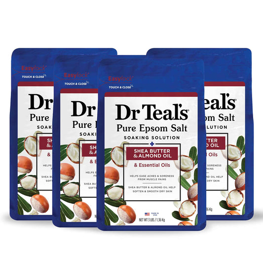 Dr Teal's Pure Epsom Magnesium Salt Soak, Shea Butter & Almond, 3 lbs (Pack of 4)