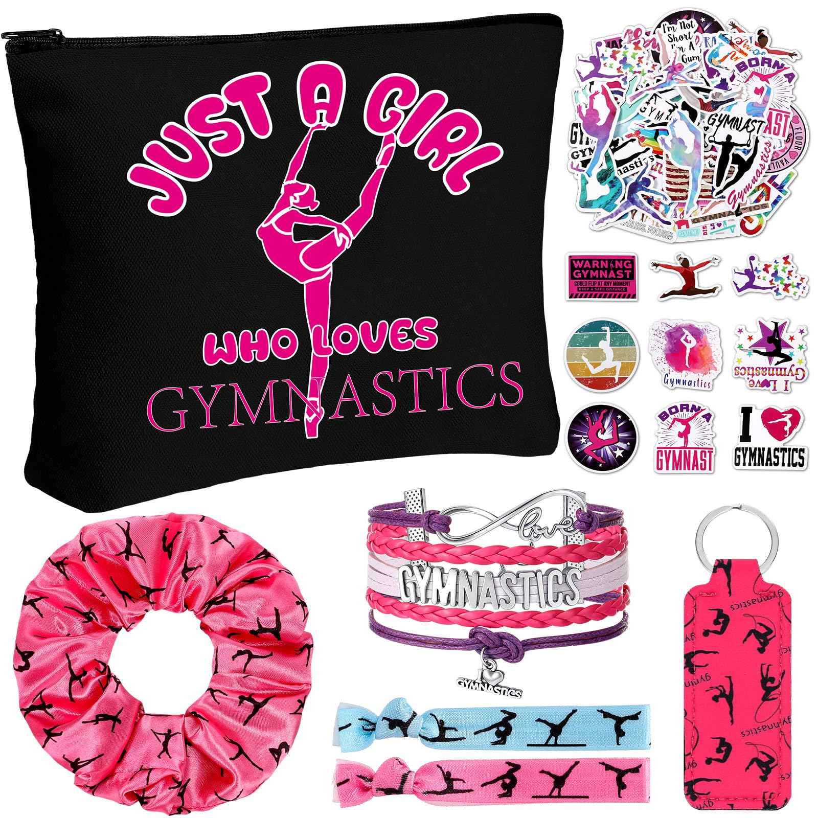 Seenelling 56 Pcs Gymnastics Stuff Inspirational Gifts for Players Teams Cosmetic Bag Women Hair Ties Sport Lovers Gifts for Birthday Sport Party Favors (Just a Girl)