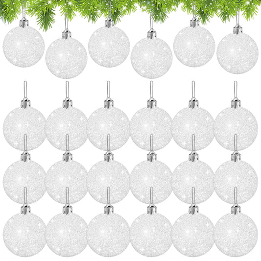 24 Pcs White Christmas Glitter Ball Ornaments Set,Glitter Sparkly Snowballs,Plastic Xmas Hanging Ornaments Decorations for Christams Tree,Wedding Party Supplies,60mm/2.36inch