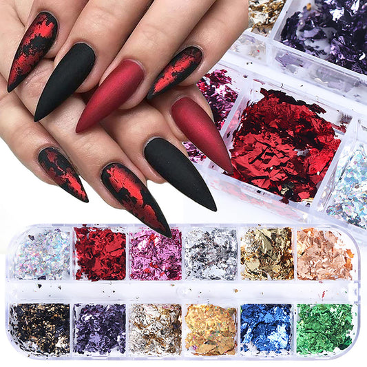 12 Grids Flaky Nail Art Glitter Sequins 3D Holographic Acrylic Nail Art Flakes Irregular Mermaid Nail Glitters Colorful Fluorescent Glass Paper Nail Sequins Women Party DIY Nail Beauty Accessories