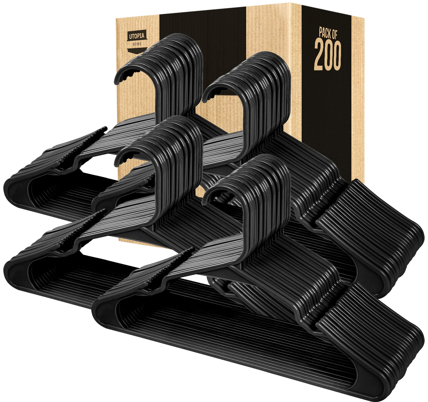 Utopia Home Clothes Hangers 200 Pack - Plastic Hangers Space Saving - Durable Coat Hanger with Shoulder Grooves (Black)