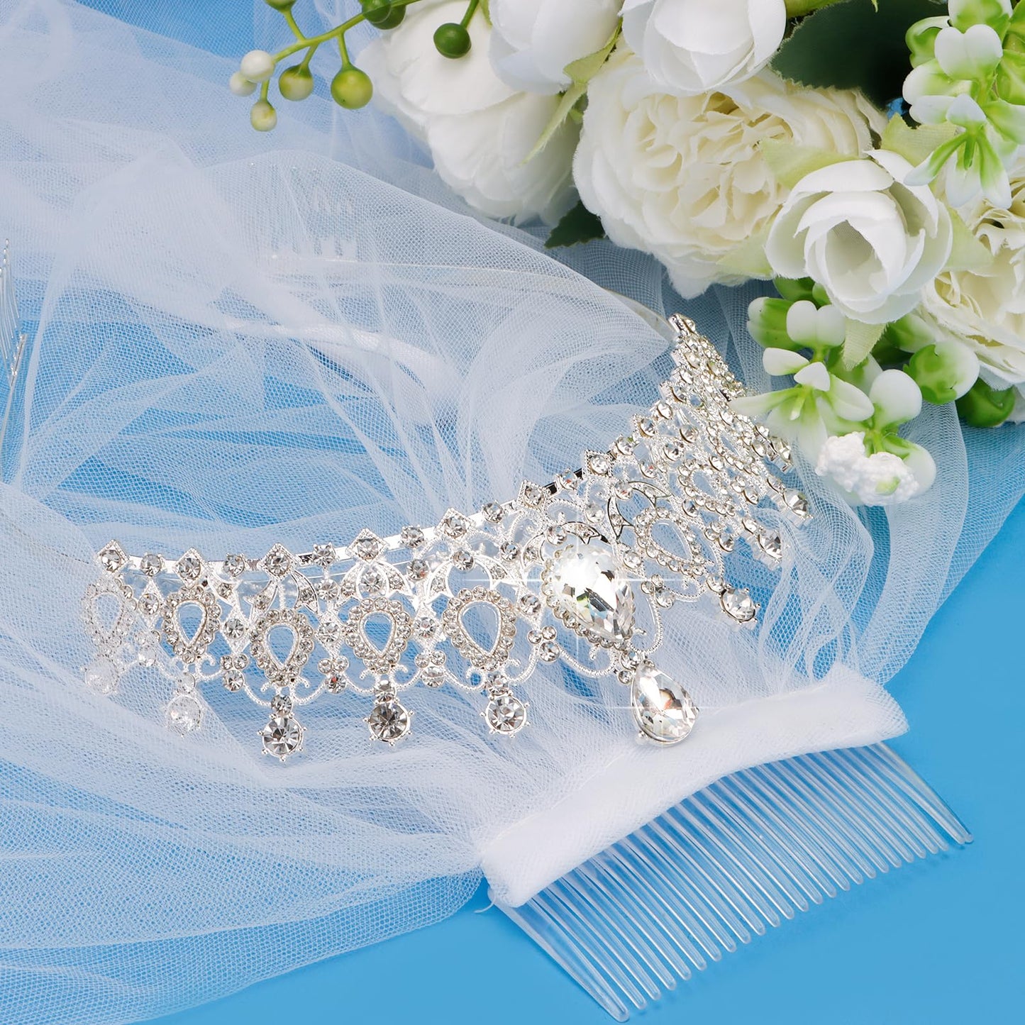 KICOSY Hairband Tiara, Sliver Wedding Crown for Women and Girls, Bridal Veils Bridal Headband Hair Accessories, Crystal Crown for Bachelorette Bridal Party, 2 Pieces Set