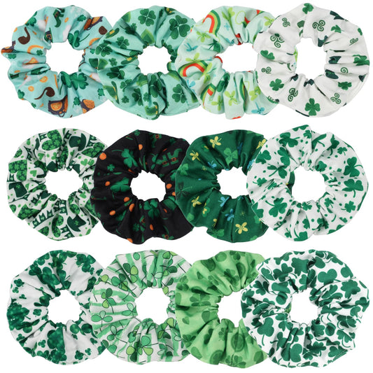 Lonext 12 Pcs Irish Green Shamrock Hair Scrunchies Hair Bands for Women or Girls,Elastic Soft Ponytail Holder Hair Ties for St Patrick's Day