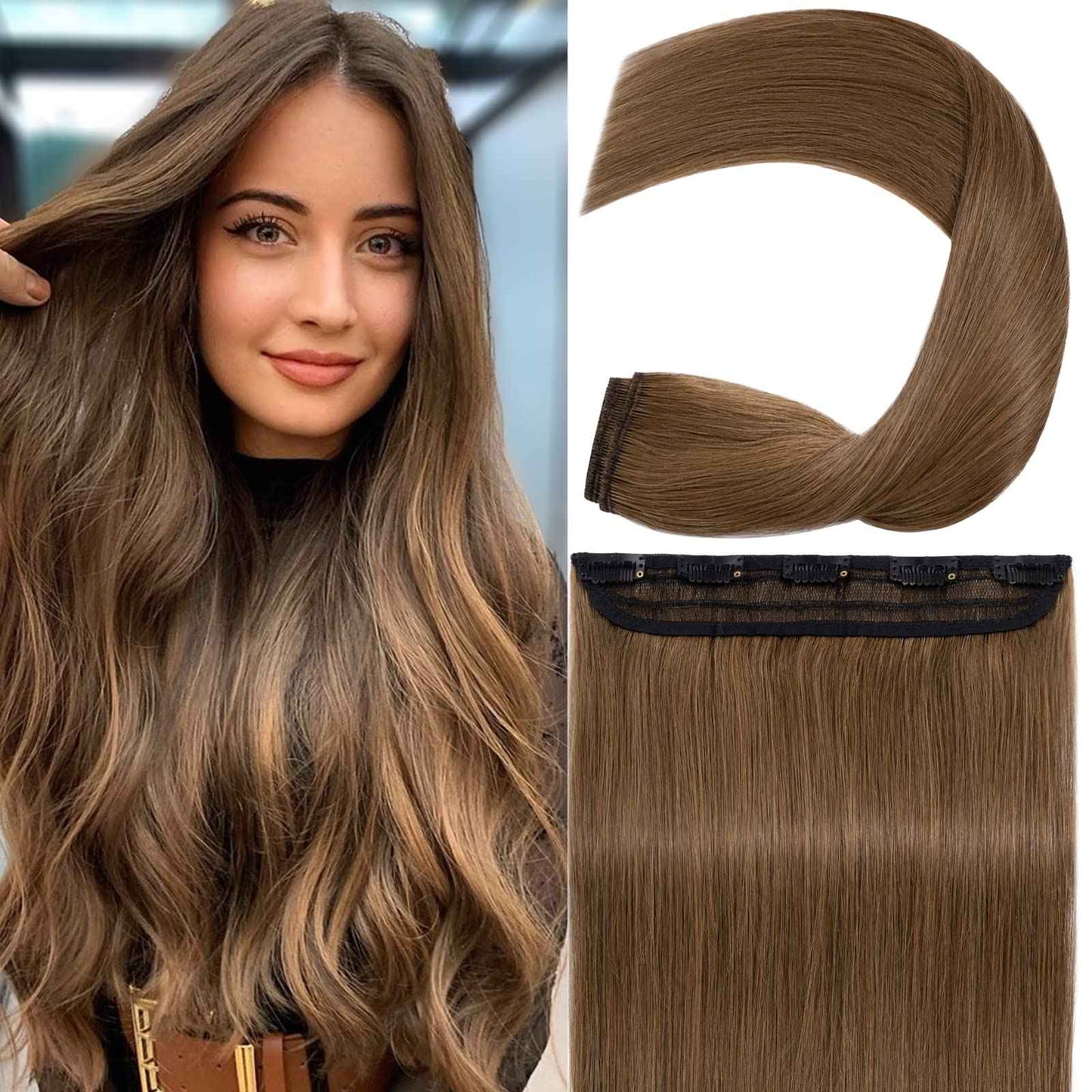 S-noilite Clip in Human Hair Extensions - 100% Real Human Hair, One Piece/5 Clips, 3/4 Full Head, Thicker Standard Weft, Straight Soft, 10 Inch/65g (#06 Light Brown)