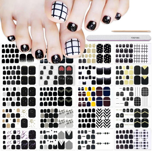 DANNEASY 20 Sheets Black Toe Nail Stickers Full Nail Wraps Toenail Polish Strips Self Adhesive Toes Nail Polish Stickers Gel Nail Strips Manicure Sticker with Nail File, Cuticle Stick