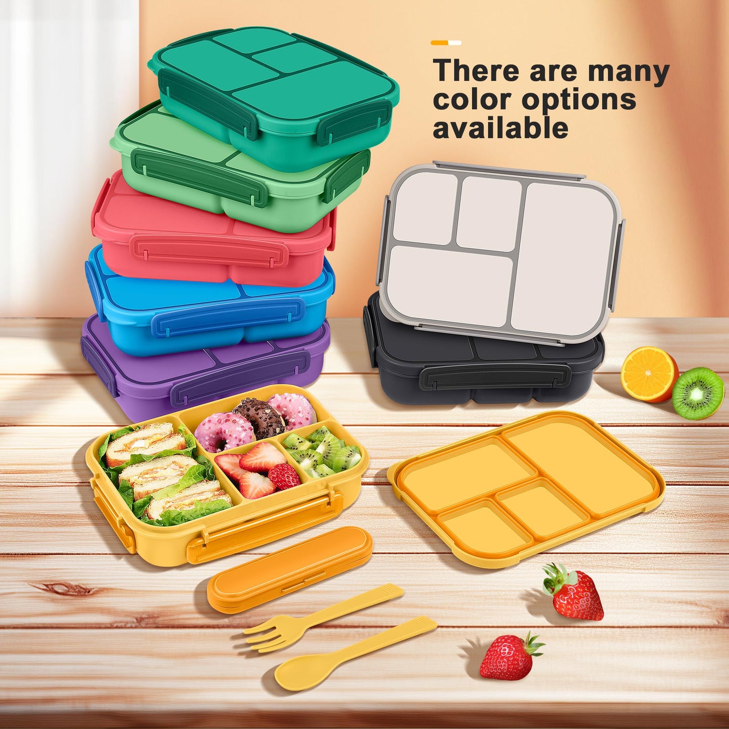 Amathley Lunch Box Kids,Bento Box Adult,Leakproof Lunch Containers for Adults/Kids/Toddler,1200ML-4 Compartments bento Lunch box with Utensil,Microwave & Dishwasher & Freezer Safe (Yellow)