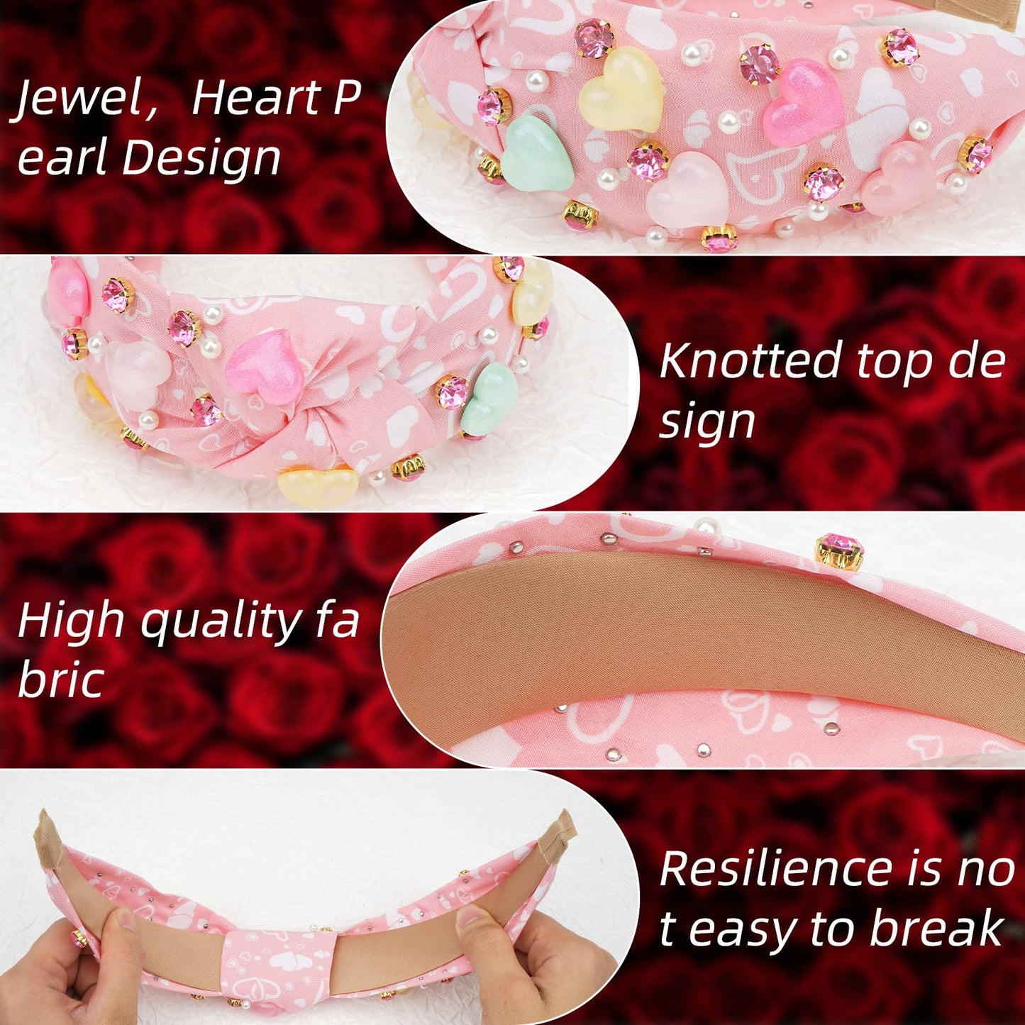 EIOAUY Valentine's Day Headbands for Women Pearl Crystal Gemstone Cute Heart Shape Top Knot Wide Head band Jeweled Knotted Hair bands Valentine Party Outfits Gifts (Pink