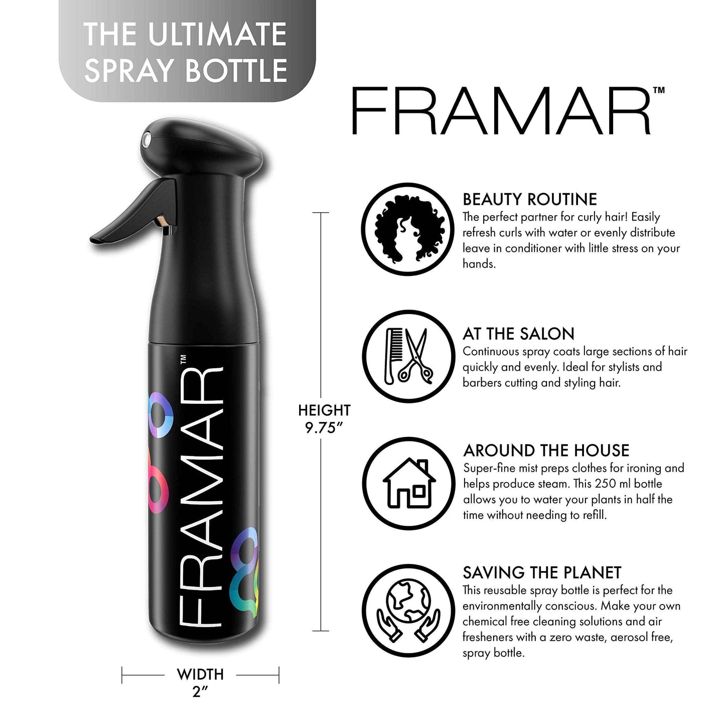 FRAMAR Premium Hair Mister Spray Bottle – Continuous Spray Bottle For Hair, Water Sprayer, Continuous Mister for Salon Supplies – Ultra Fine Mist – Black 250 ml
