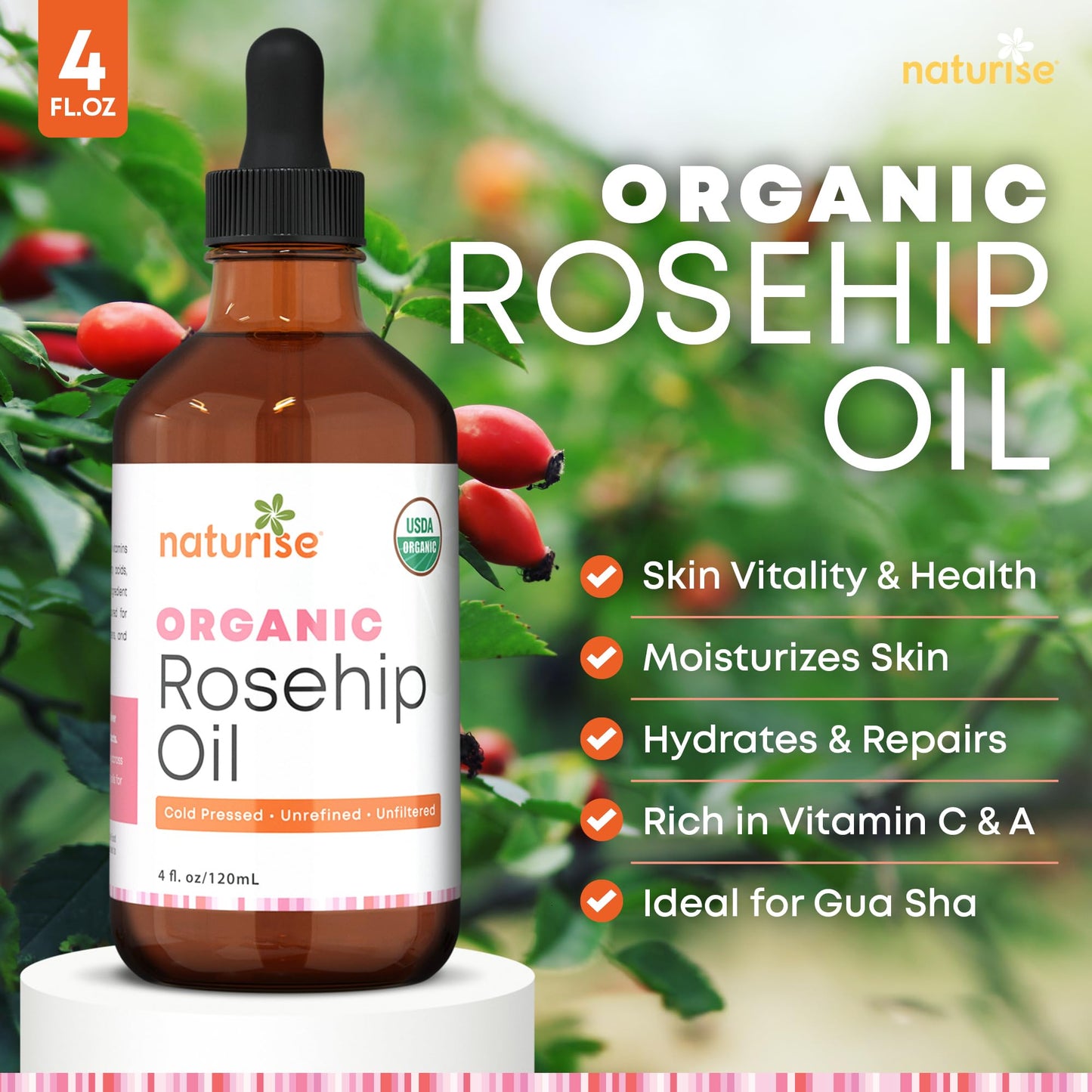 Organic Rosehip Oil for Face - Organic Cold Pressed Rose Hip Oil for Skin and Body Care - Vegan Non-GMO Gua Sha Oil - Rosa Mosqueta Oil, Rosehip Seed Facial Oil for Gua Sha Massage (4 FL. OZ.)