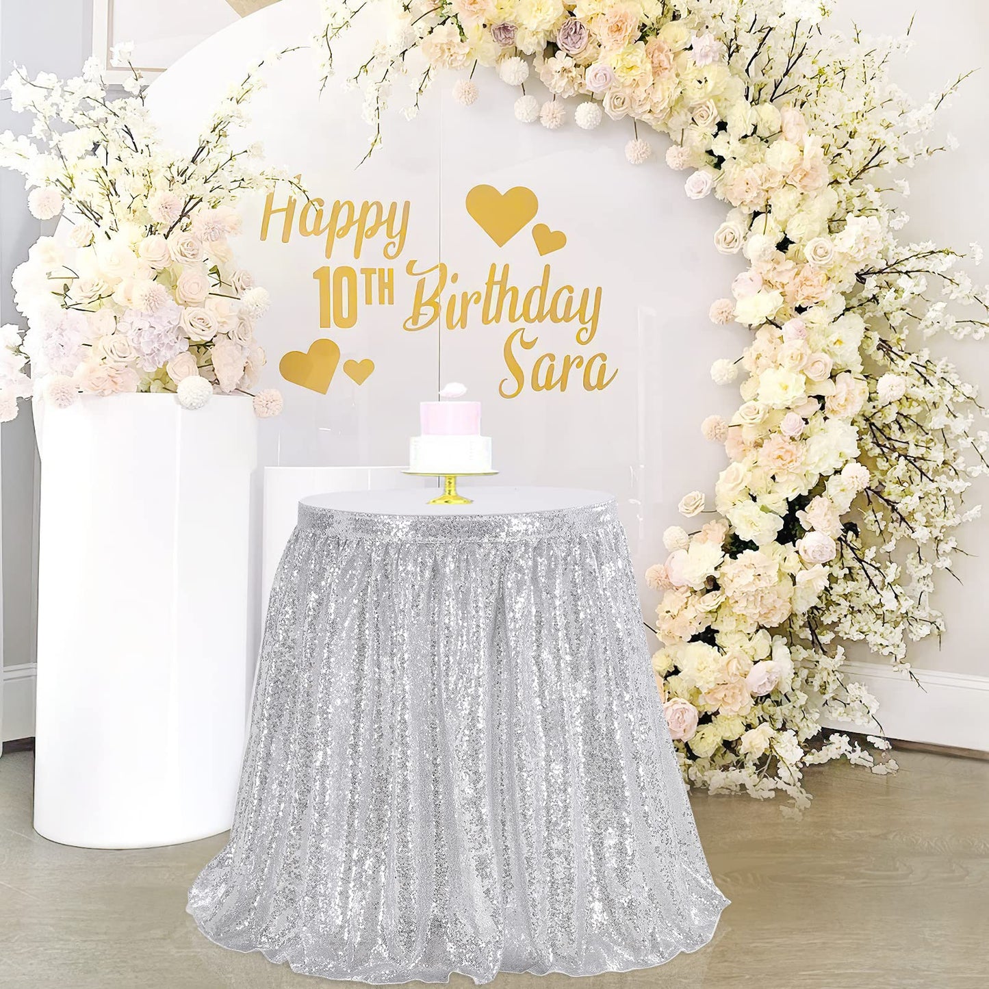 Glitter 14ft Silver Table Skirt for Rectangle Table Sequin Christmas Table Skirt for Party Baby Shower Birthday Dessert Table Exhibition Reception