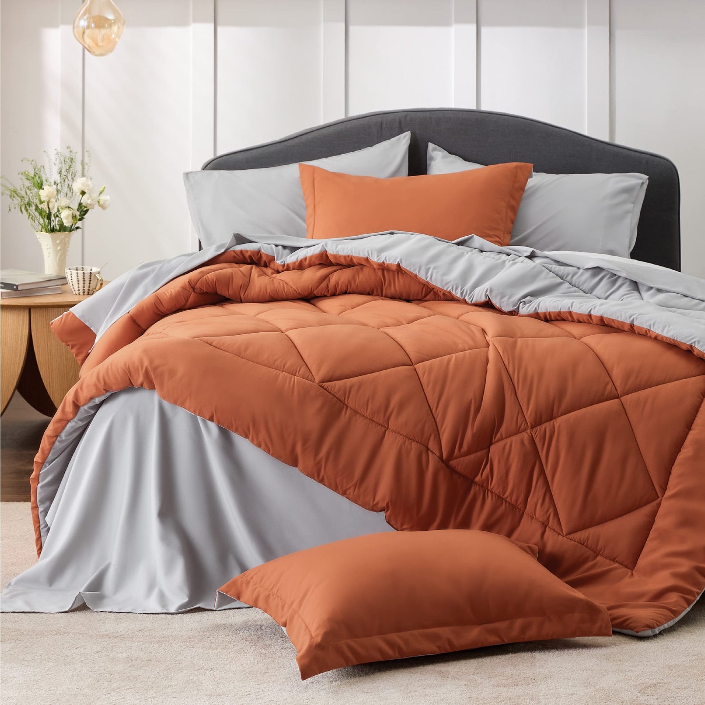 Bedsure Burnt Orange Twin Comforter Set - 5 Pieces Reversible Twin Bed in a Bag, Extra Long Twin Bed Set with Comforters, Sheets, Pillowcase & Sham, Twin Bedding Sets for College