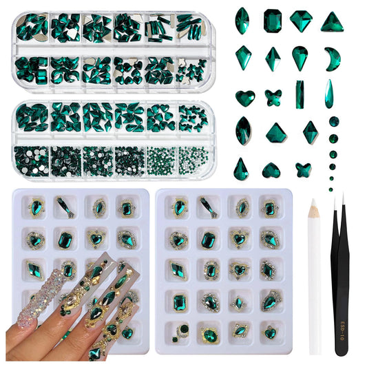 1460PCS Emerald Green Luxury Nail Art Rhinestones Kit for Acrylic Nails,Green Nail Charms 180pcs Multi Shapes Flatback Rhinestones+1240pcs Round Beads Glass+40pcs Metal Rhinestones Manicure