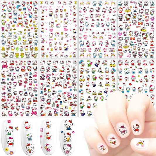 DIBESTS Cute Cartoon Nail Stickers 3D Self-Adhesive Decals Art Supplies Kawaii Cat Design for Women Kids Girls Manicure Gifts Decoration Accessories (2 Sheets 150+ Decals) 2 Count (Pack of 1)