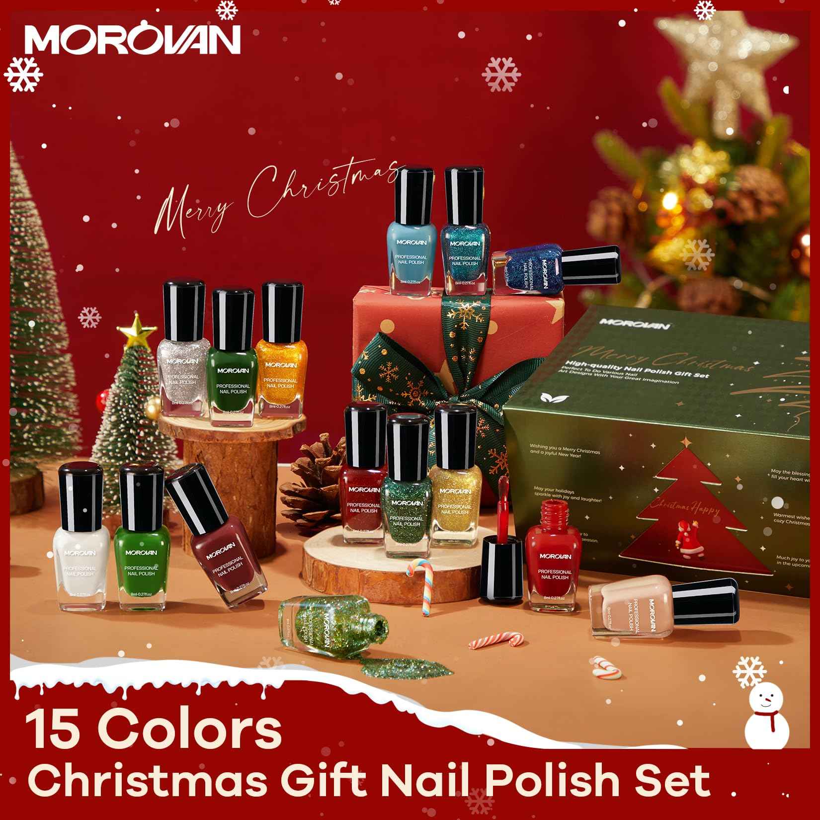 Morovan Christmas Nail Polish Set: 2025 Glitter Gifts Ideas Red Green Gold Silver Fingernail Polish Kit Winter Quick Dry Regular Nail Polish Pack Manicure for Women Girls Holiday Party