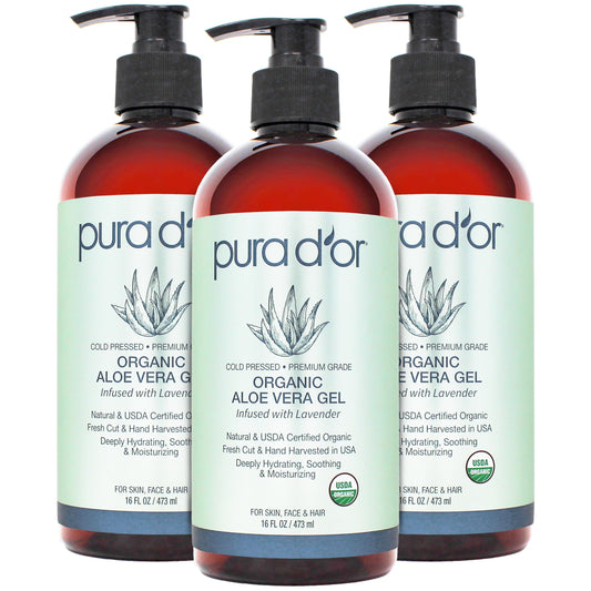 PURA D'OR ORGANIC Aloe Vera Gel Lavender (16 Oz X 3) All Natural - ZERO Artificial Preservatives - Deeply Hydrating & Moisturizing - Sunburn, Bug Bites, Rashes, Small Cuts, Eczema Relief - Skin & Hair