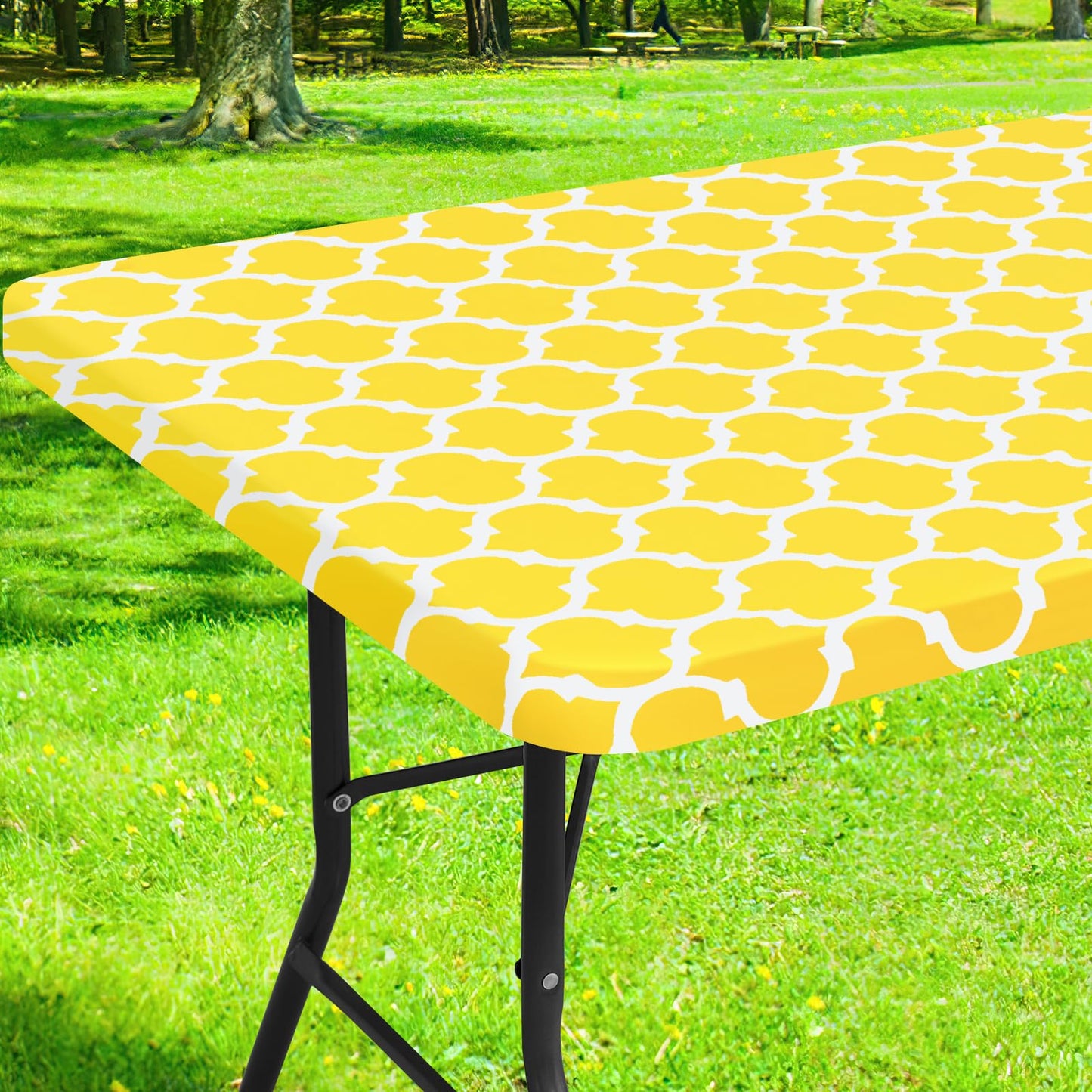 smiry Rectangle Picnic Tablecloth, Waterproof Elastic Fitted Table Covers for 4 Foot Tables, Wipeable Flannel Backed Vinyl Tablecloths for Camping, Indoor, Outdoor (Yellow Morocco, 30x48 Inches)