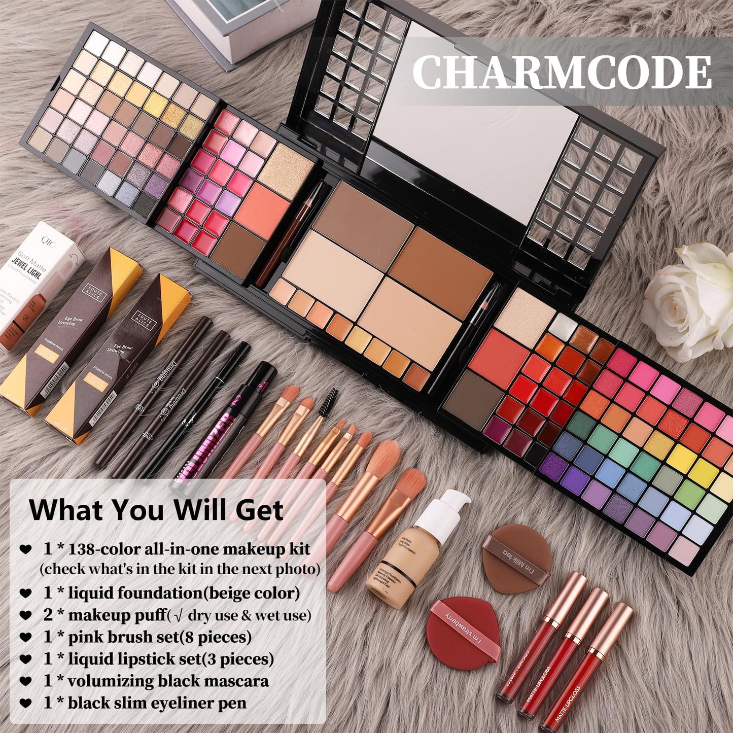 CHARMCODE Full Makeup Kit, Makeup Sets for Women Full Kit, All in One Make Up Gift Set for Girls & Women with Eyeshadow,Liquid Lipstick,Foundation,Mascara,Blush,Eyeliner,Contour,Brushes and More