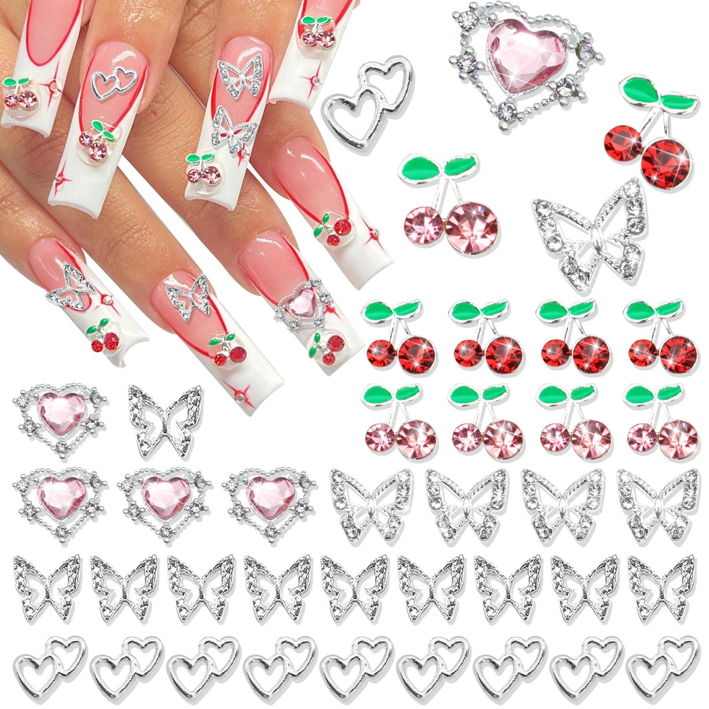 RODAKY 40PCS Butterfly Nail Charms Red Cherry Nail Art Charms Pink Heart Nail Rhinestone Cute Cherries Nail Gems Mixed Style Nail Decoration Accessories for Women's Manicure Nail Art