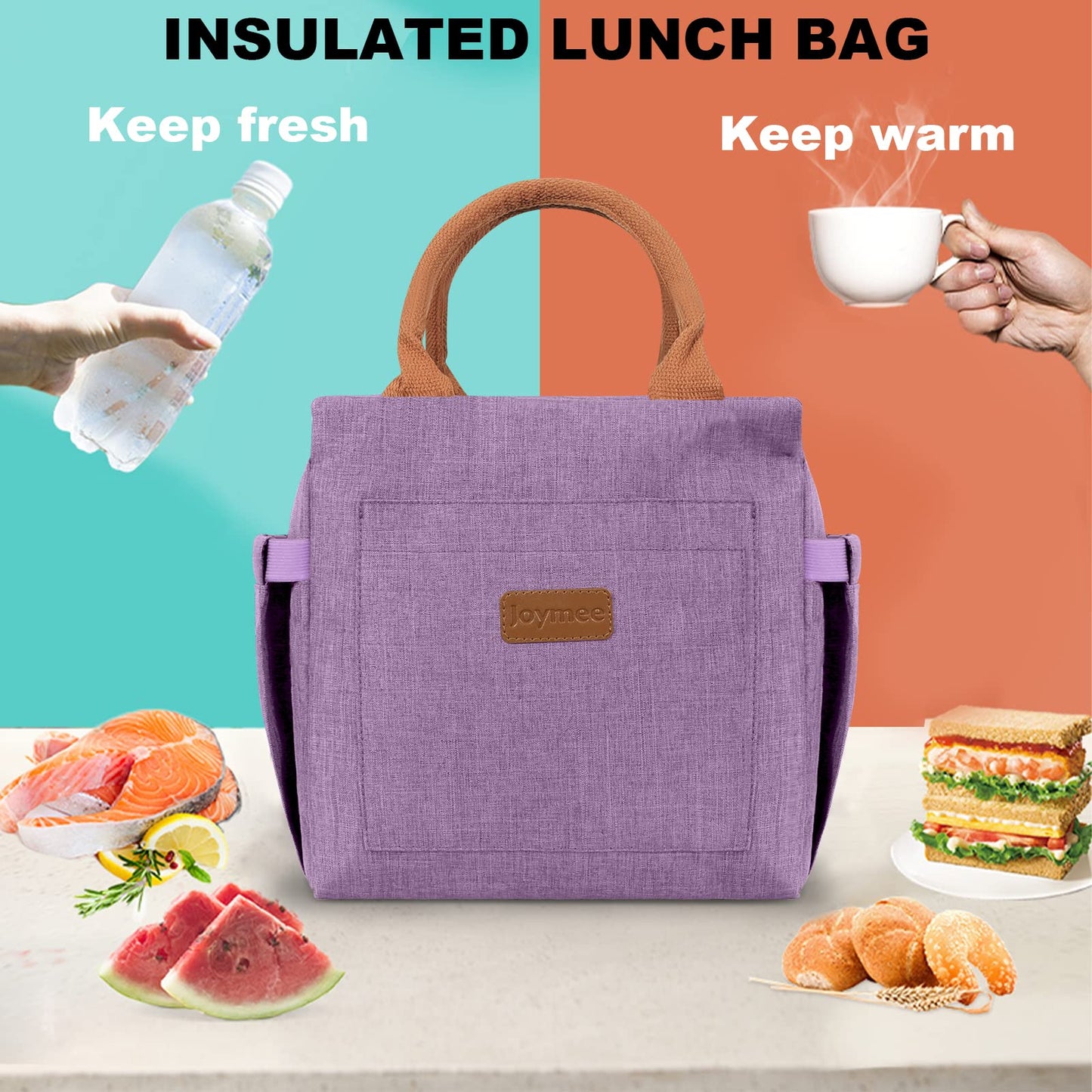 Joymee Lunch Bag Women Insulated Lunch Box with Adjustable Shoulder Strap Large Reusable Leakproof Spacious Cooler Tote for Women Men Adult with Bottle Holder and Side Pockets - Purple