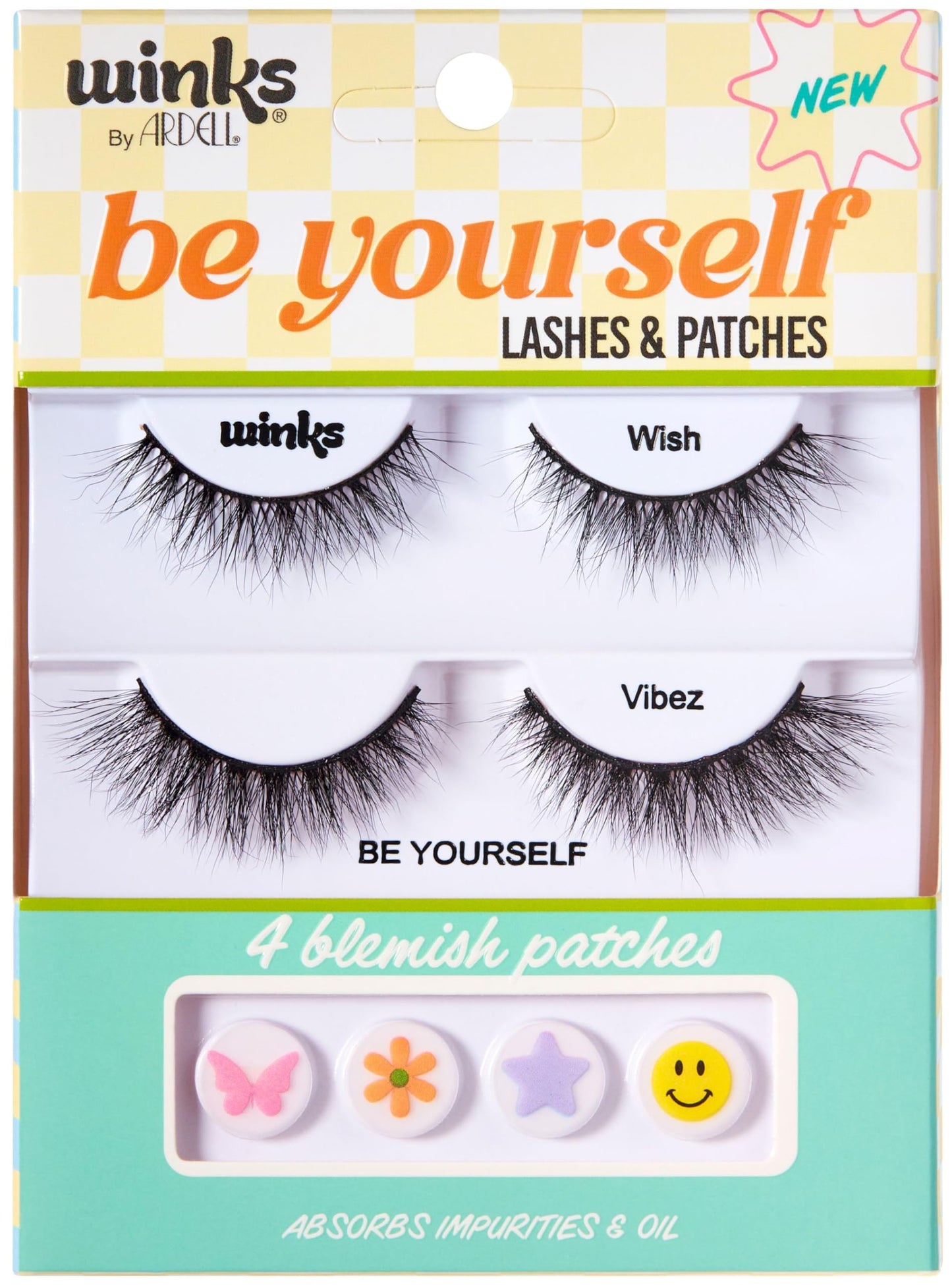 Ardell Winks Be Yourself Lashes & Patches Kit, Wish + Vibez Dual Eyelash Set for Expressive Looks, with 4 Blemish Stickers, 1-pack