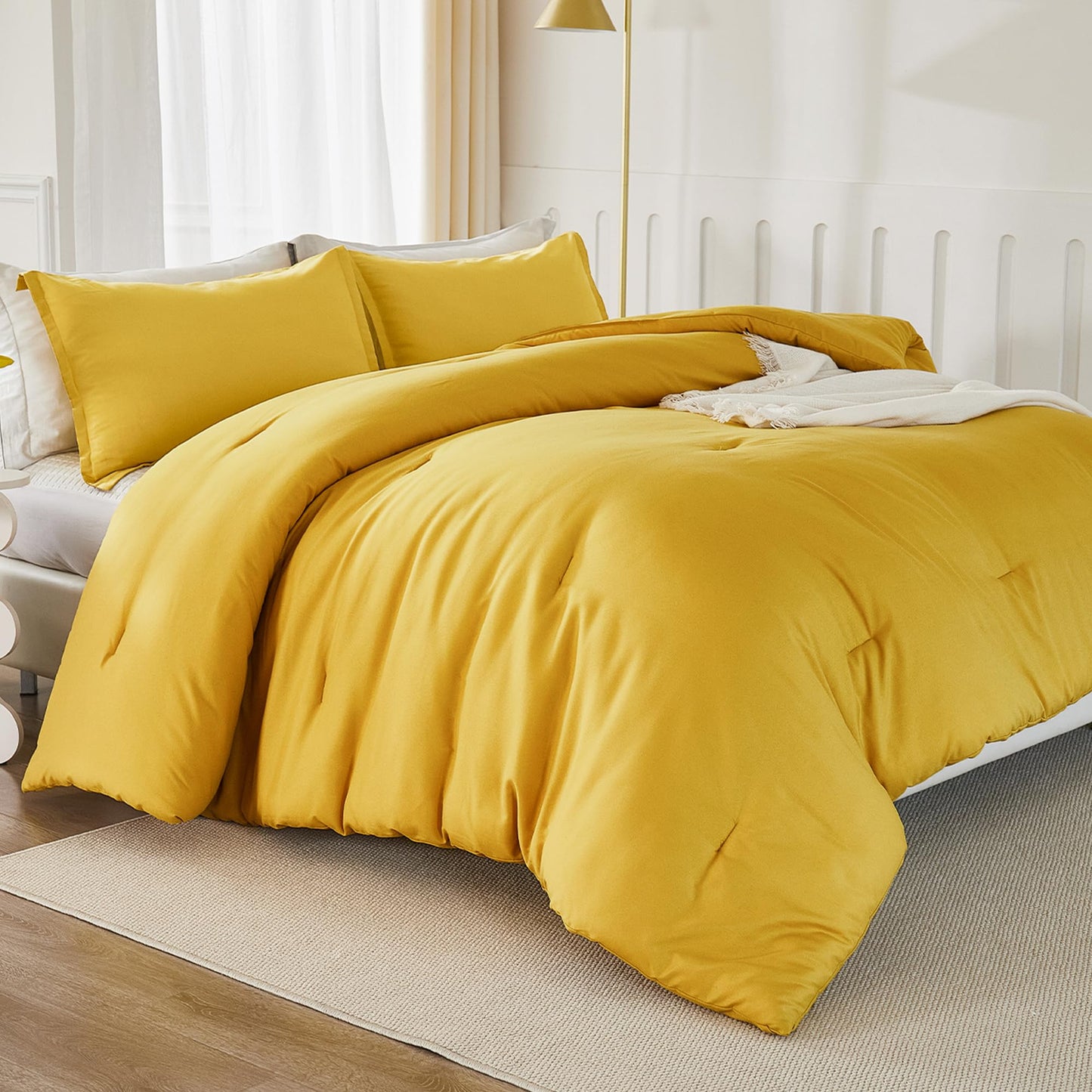 Litanika Mustard Yellow Comforter Set Twin/Twin XL Size, 2 Pieces Lightweight Solid Bedding Comforter Set, All Season Fluffy Bed Set (66x90In Comforter & 1 Pillowcase)