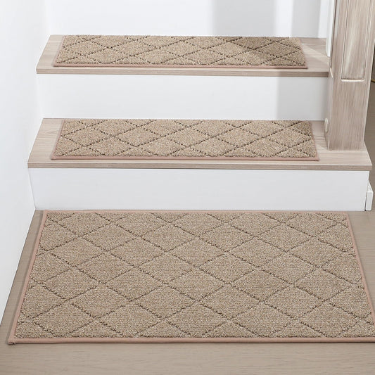 COSY HOMEER Edging Stair Treads Non-Slip Corner Indoor Stair Runners for Wooden Steps,Landing Slip Resistant Stair Rugs for Kids and Dogs, 100% Polyester TPE Backing,Beige