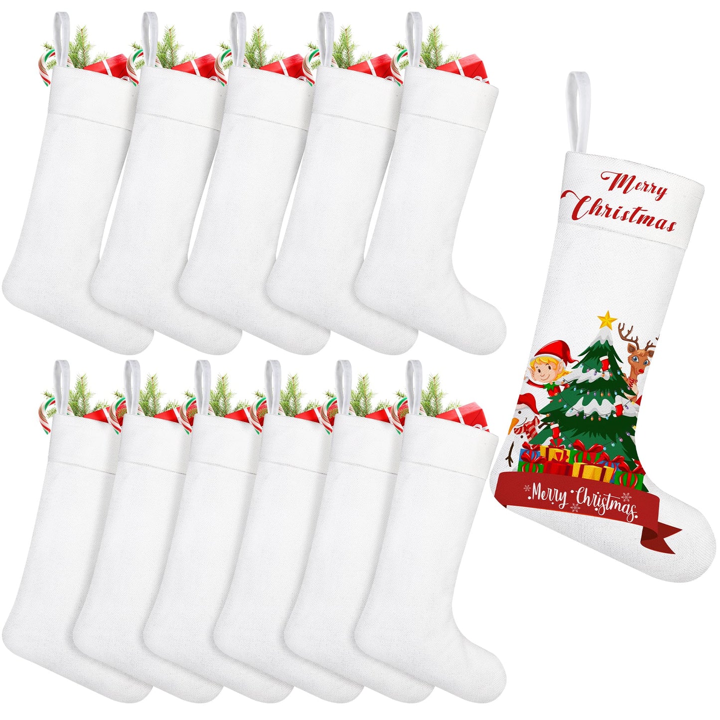 Aodaer 12 Pieces Plain Christmas Sublimation Burlap Stockings Hanging Stockings for Tree Fireplace DIY Heat Transfer Printing Christmas Home Decoration, 13.4 x 9.8 x 6.5 Inches