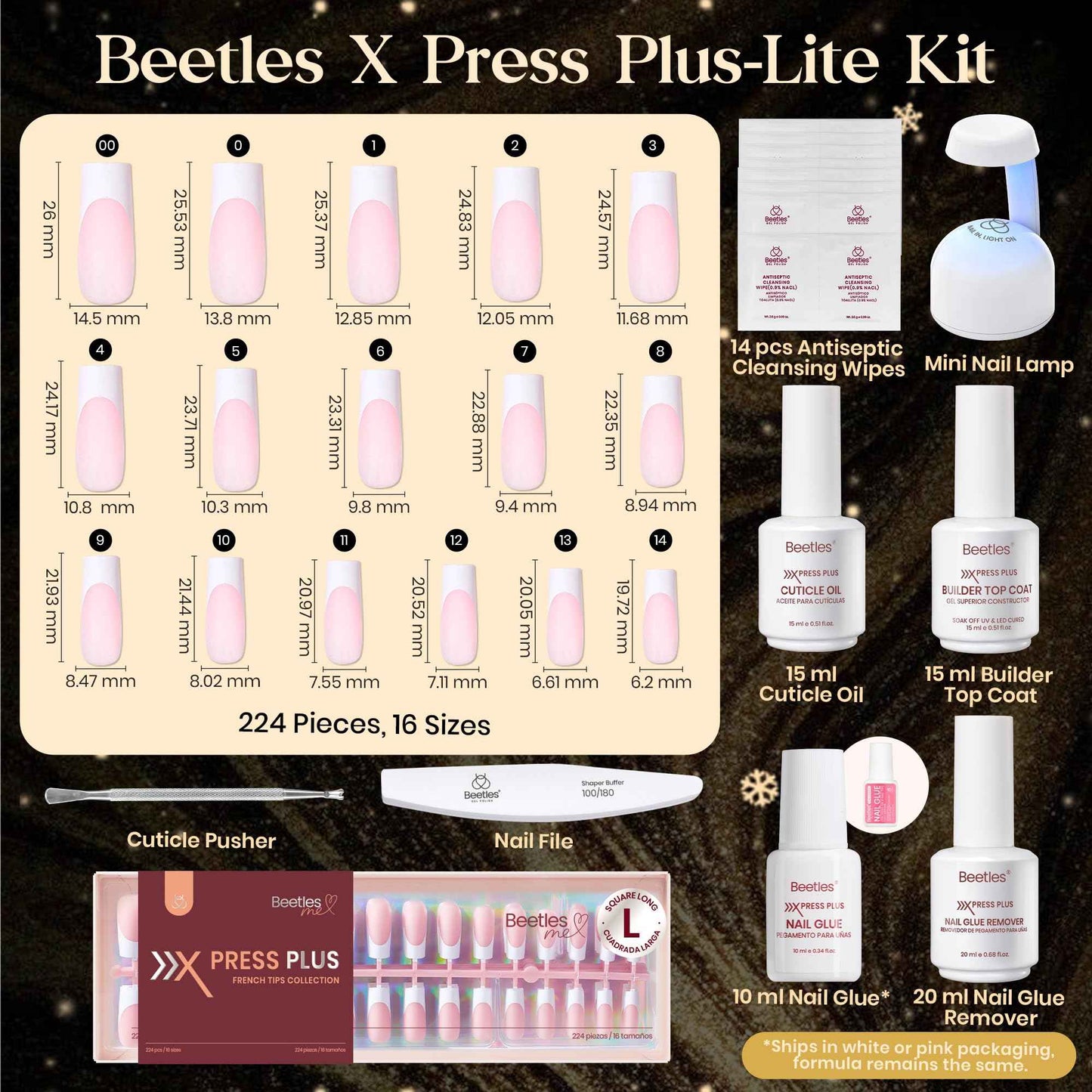 Beetles X Press Plus On Nails Kit - Rose French | Pink Long Square French Tip Press On Nails | 224Pcs 16 Sizes All-in-One Kit With Nail Glue，Remover，Builder Top Coat，Nail Lamp