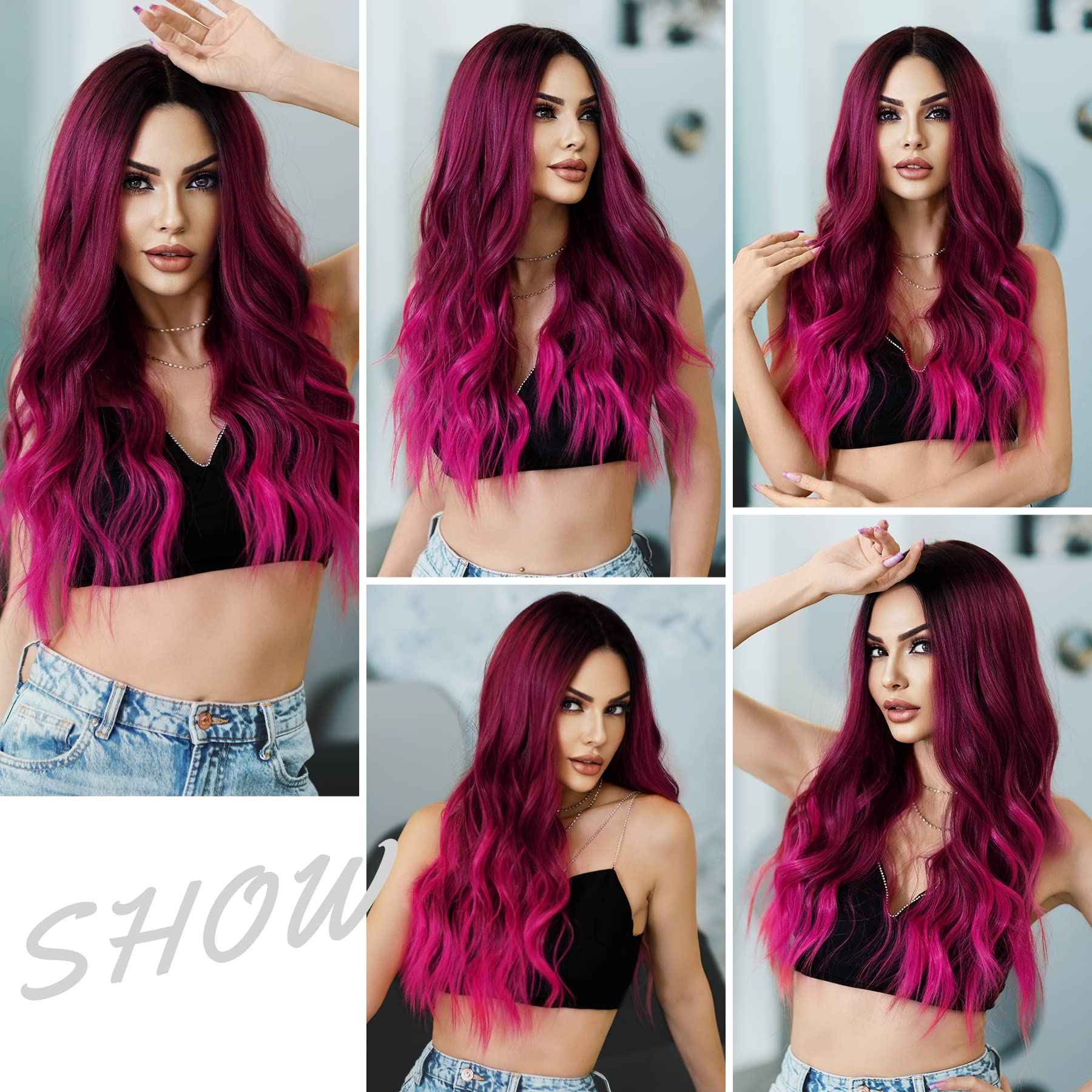 7JHH WIGS Hot Pink Long Wig with Dark Root Middle Part Lace Front Wavy Burgundy Ombre Pink Wig Body Wave Synthetic Wig for Women Transparent Lace Wig Hair 180% Density Daily Wear Wig 27 inch