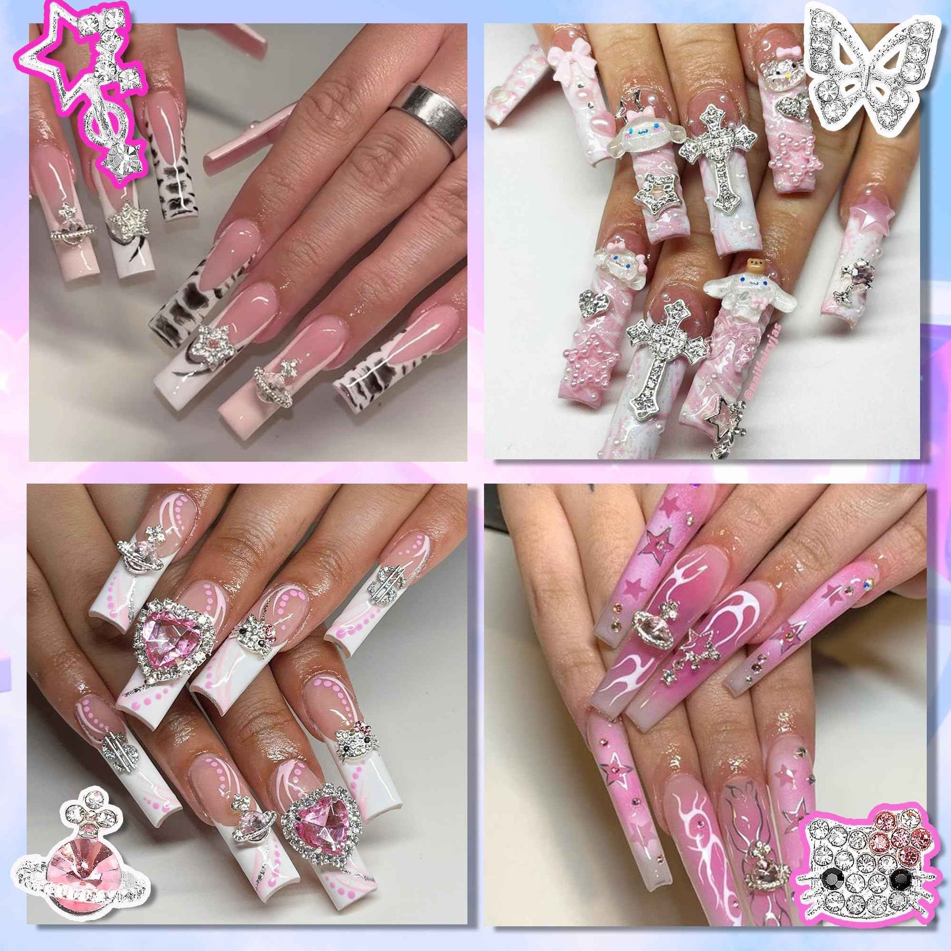 Nail Charms and Gems,KYLELOVE 48 PCS Y2K Kawaii Nail Charm 3D Silver Butterfly Star Nail Charms Rhinestone Charms for Nails Art Craft DIY Decoration