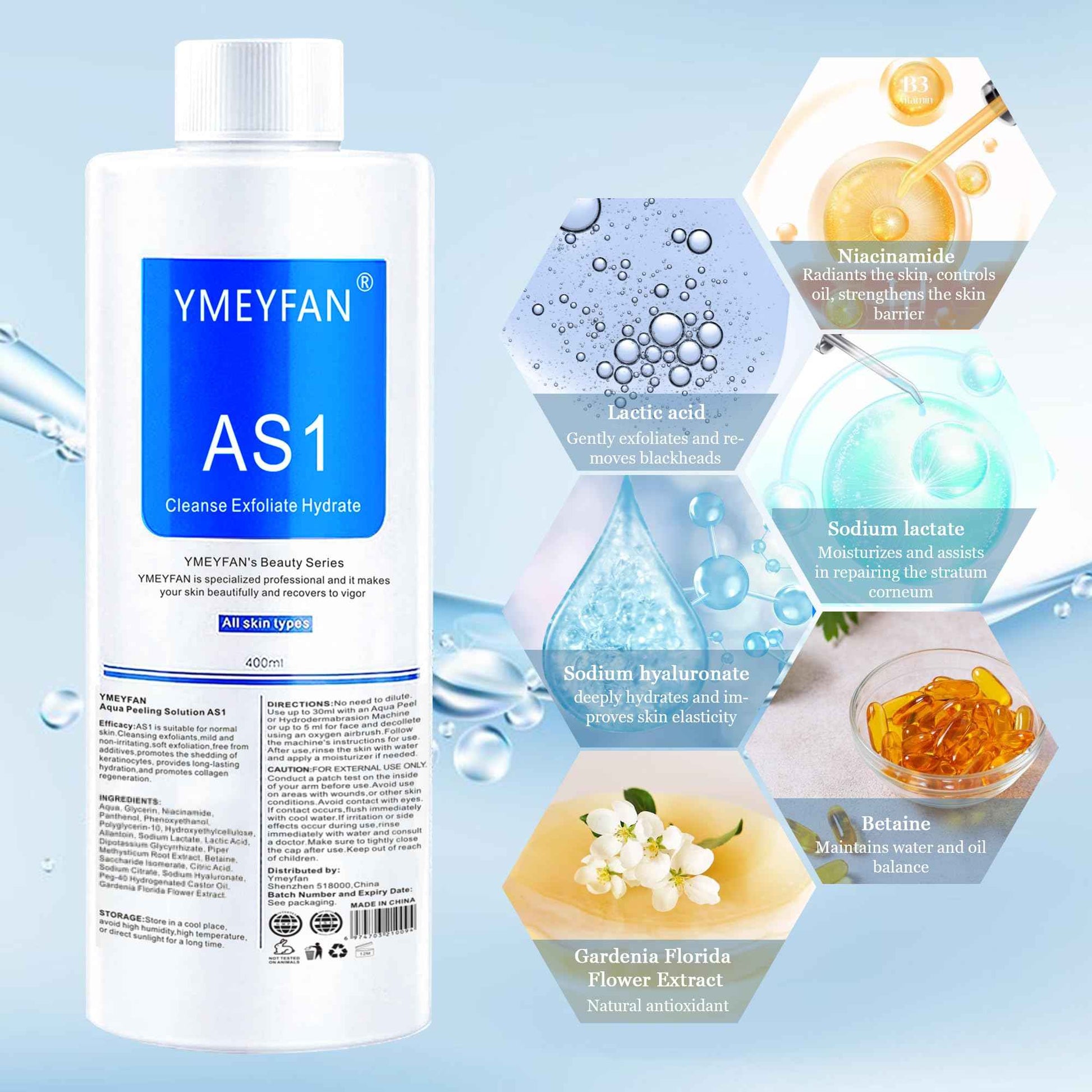 YMEYFAN AS1 Solution for Hydrate Facial Machine (English Ver.), AS1 SA2 AO3 Aqua Peeling Solution for Hydrogen Oxygen Facial Machine, Nourishing Exfoliate Serums for Face Skin Care(400ml x 3Bottles)