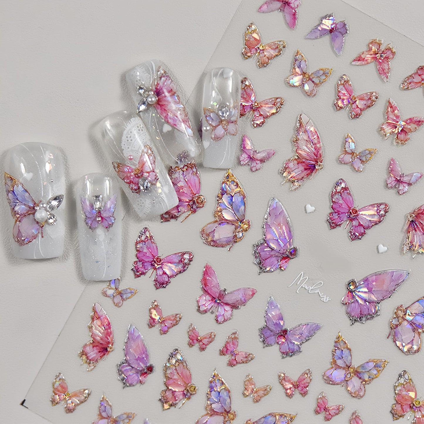 2Sheets Butterfly Nail Art Stickers 5D Embossed Aurora Butterfly Nail Decals Pink Aurora Shining Butterfly Nail Design Self-Adhesive Nail Art Supplies Butterfly Stickers for Women DIY Nail Decorations