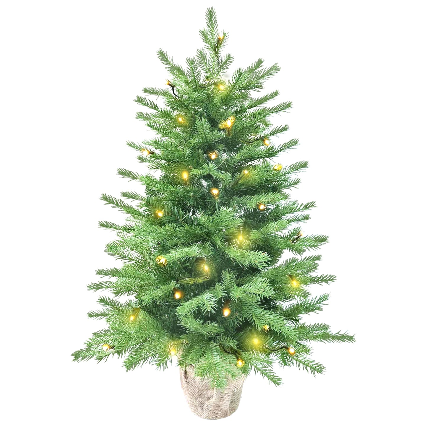 3ft Pre-Lit Mini Fir Christmas Tree,Artificial Pine Xmas Tree,106 PE Branches Tips & 84 PVC Branches Tips & UL Certification LED Lights & Burlap Wrapped Base for Tabletop Desk,Battery Operated