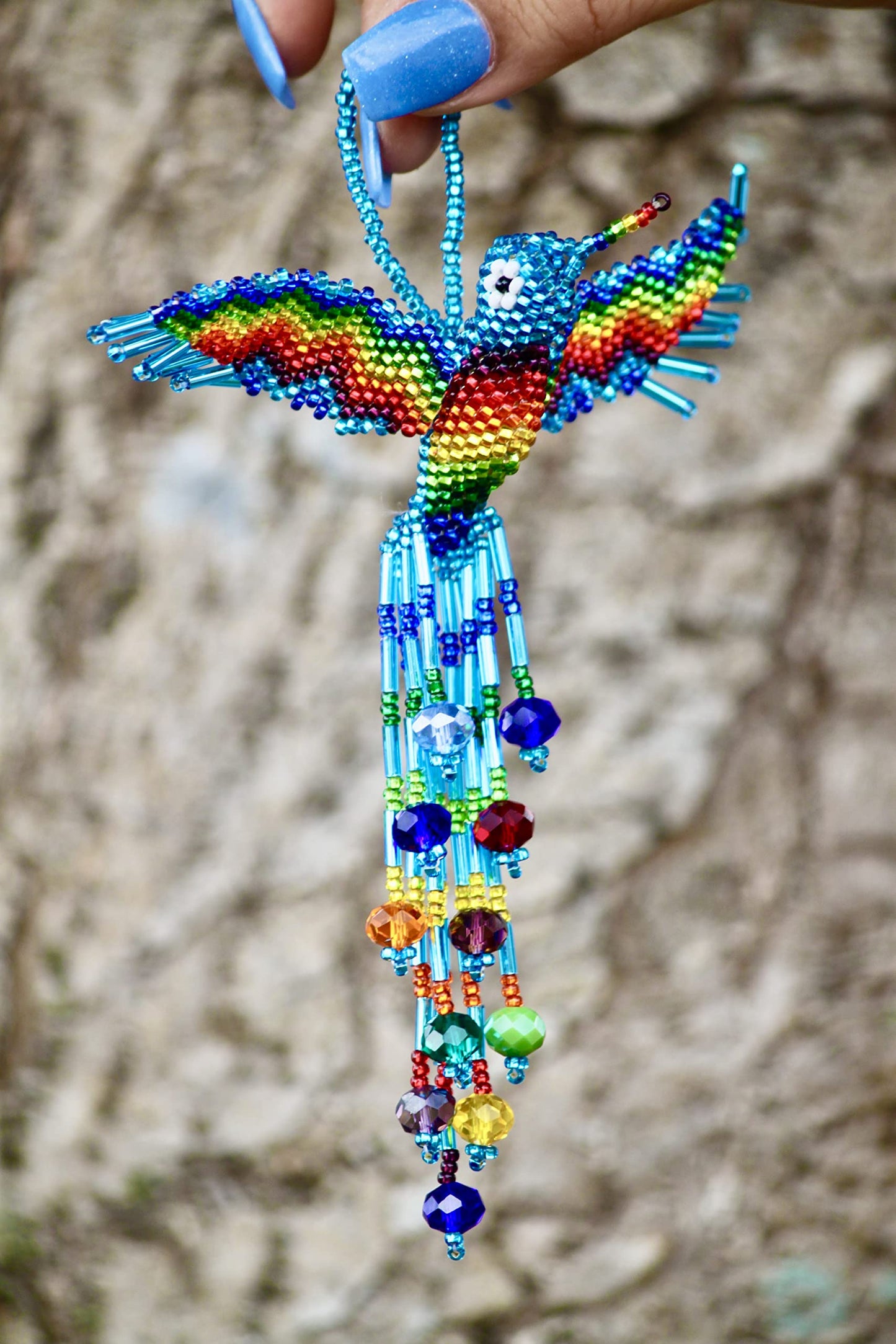 Hummingbird Hanging Figurine Ornament Czech Glass Seed Bead Fringe Tail Dangles - Handmade Gifts Spirit Animal Boho Accessories (Turquoise/Rainbow)