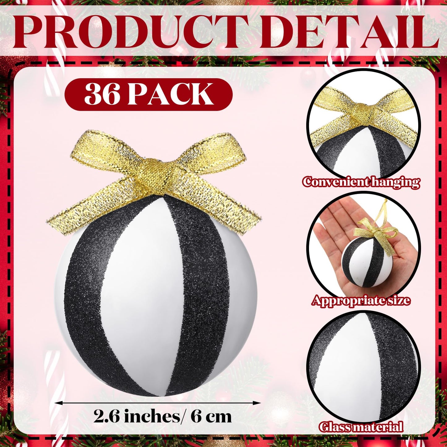 Meooeck 36 Pack Black and White Christmas Ornaments 2.36'' Shatterproof Hanging Tree Ornament Set Checkered Christmas Decorations with Small Gold Glitter Bow for Christmas Holiday Party Halloween