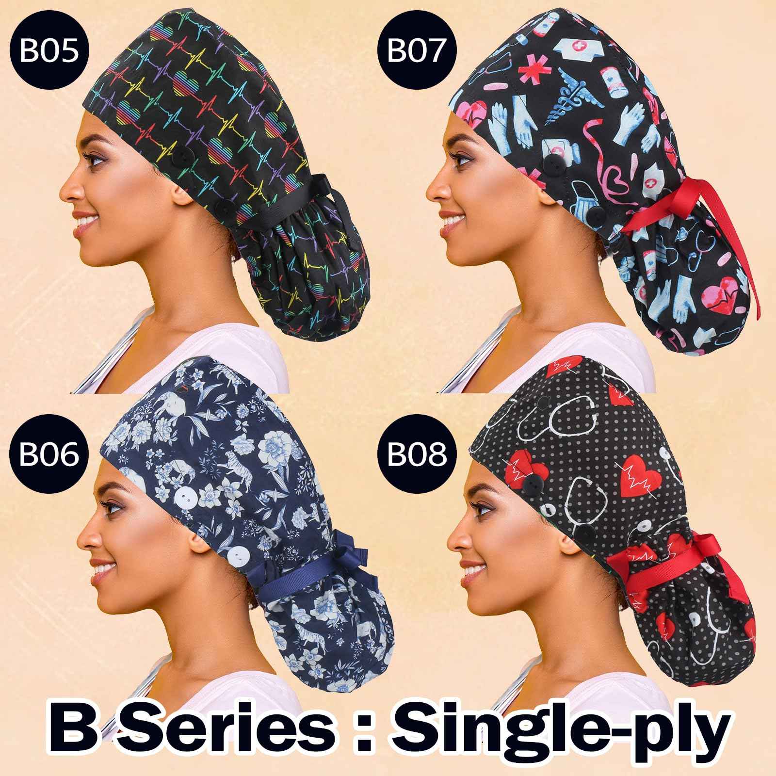 Purefitinsoles Scrub Caps for Women Surgical Nurse Hat with Button Bouffant Ponytail Holder Hair Nets Single or Satin-Lined