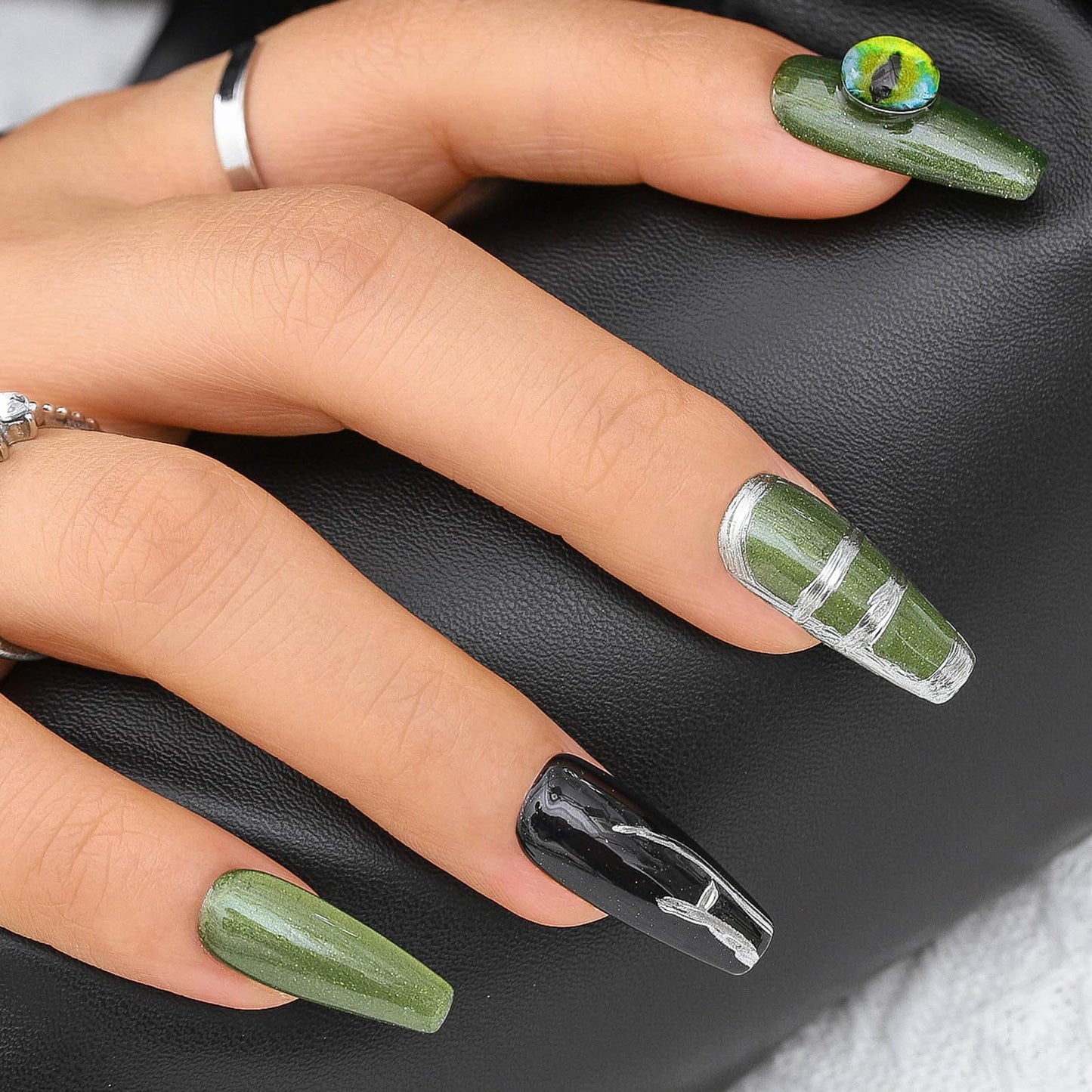 Sethexy Green Long Coffin False Nails Punk Rhinestone Fake Nails with Design Acrylic Salon Glossy Press On Nails for Women and Girls 10PCS (Green2)